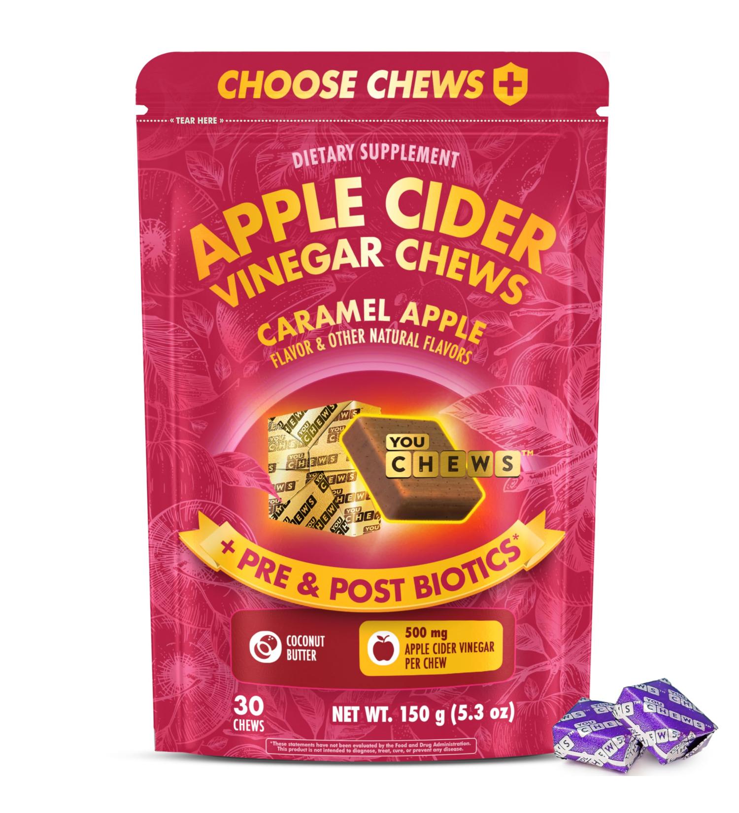YouChews Apple Cider Vinegar Chews Better Than Apple Cider Gummies - Bloating Relief for Women and Men 500mg Organic ACV with Prebiotics & Postbiotics Low Sugar Caramel Flavor 30 Count - Buy Online on GoSupps.com