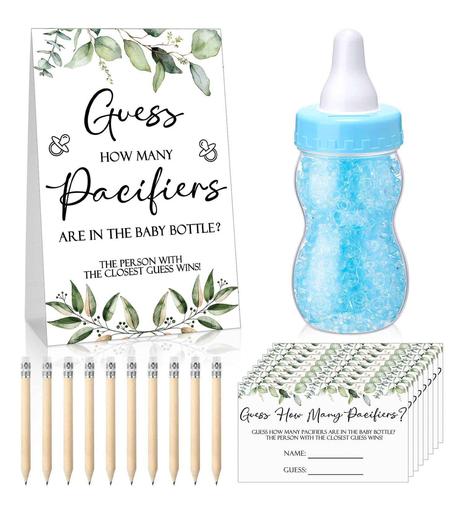 Greenery Baby Shower Games Set - 100 Guess How Many Pacifiers Game with 10 HB Pencils & Decorative Acrylic Pacifiers - Gender Reveal Party Favors (Blue) - Blue Plant Theme - Buy Online on GoSupps.com