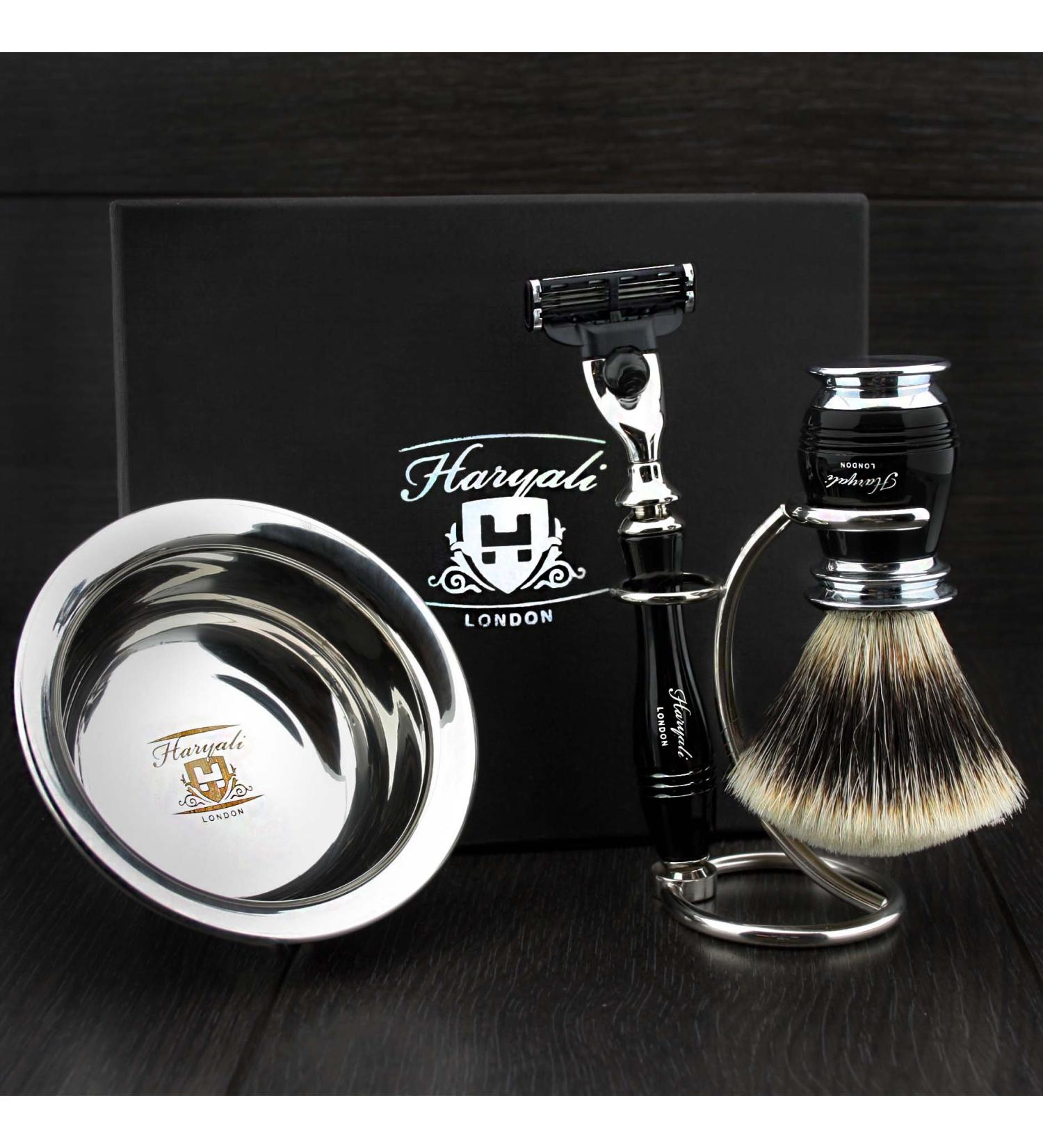 4 Pc Men's Shaving Kit - 3 Edge Razor Silver Tip Badger Hair Brush Stand & Stainless Steel Bowl - Perfect Gift Set for Men - Buy Online on GoSupps.com