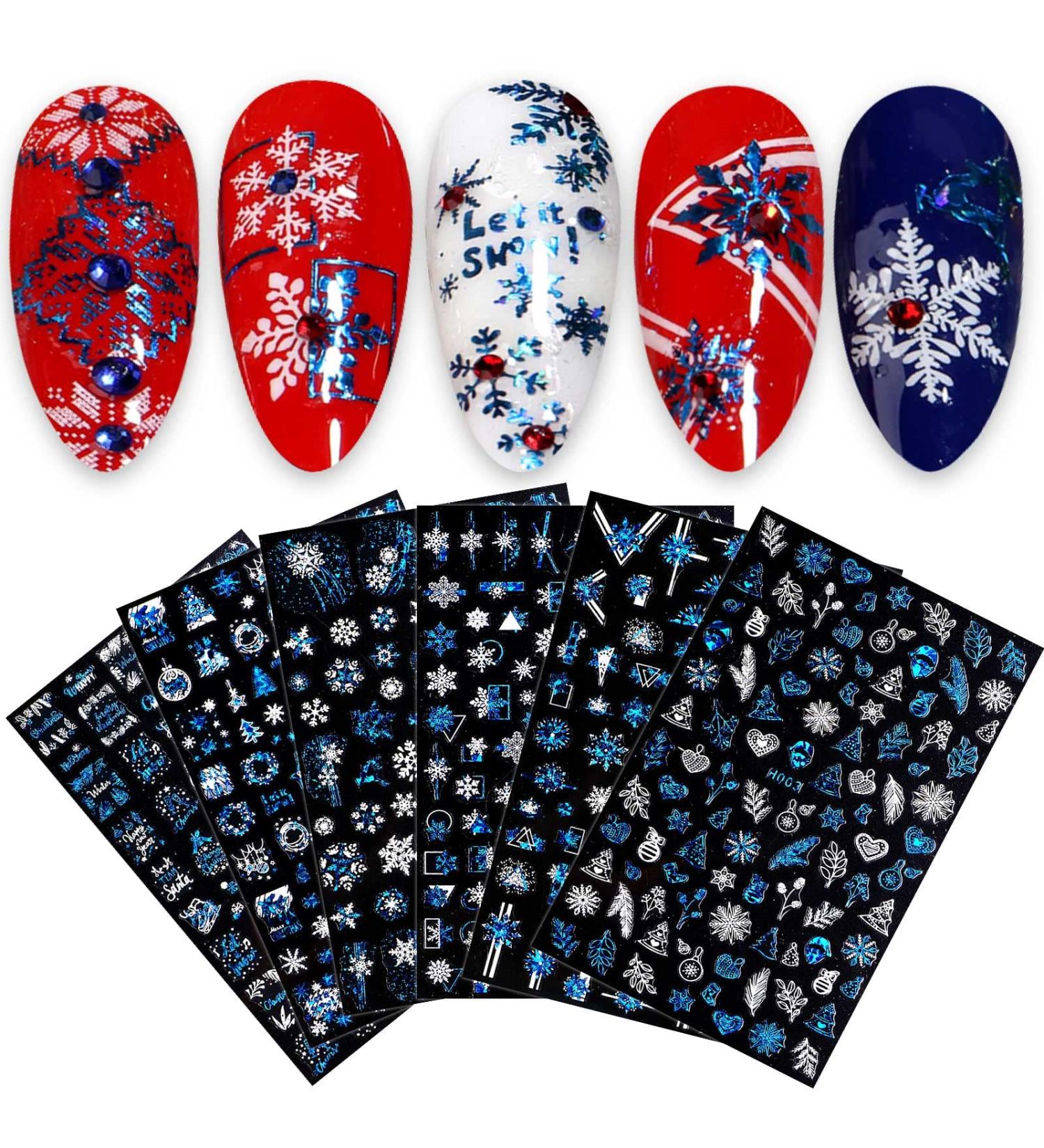 8 Sheets Christmas Nail Art Stickers Decals Self-Adhesive Laser Blue White Winter Snowflakes Nail Supplies Nail Art Design Decoration Accessories - Buy Online on GoSupps.com