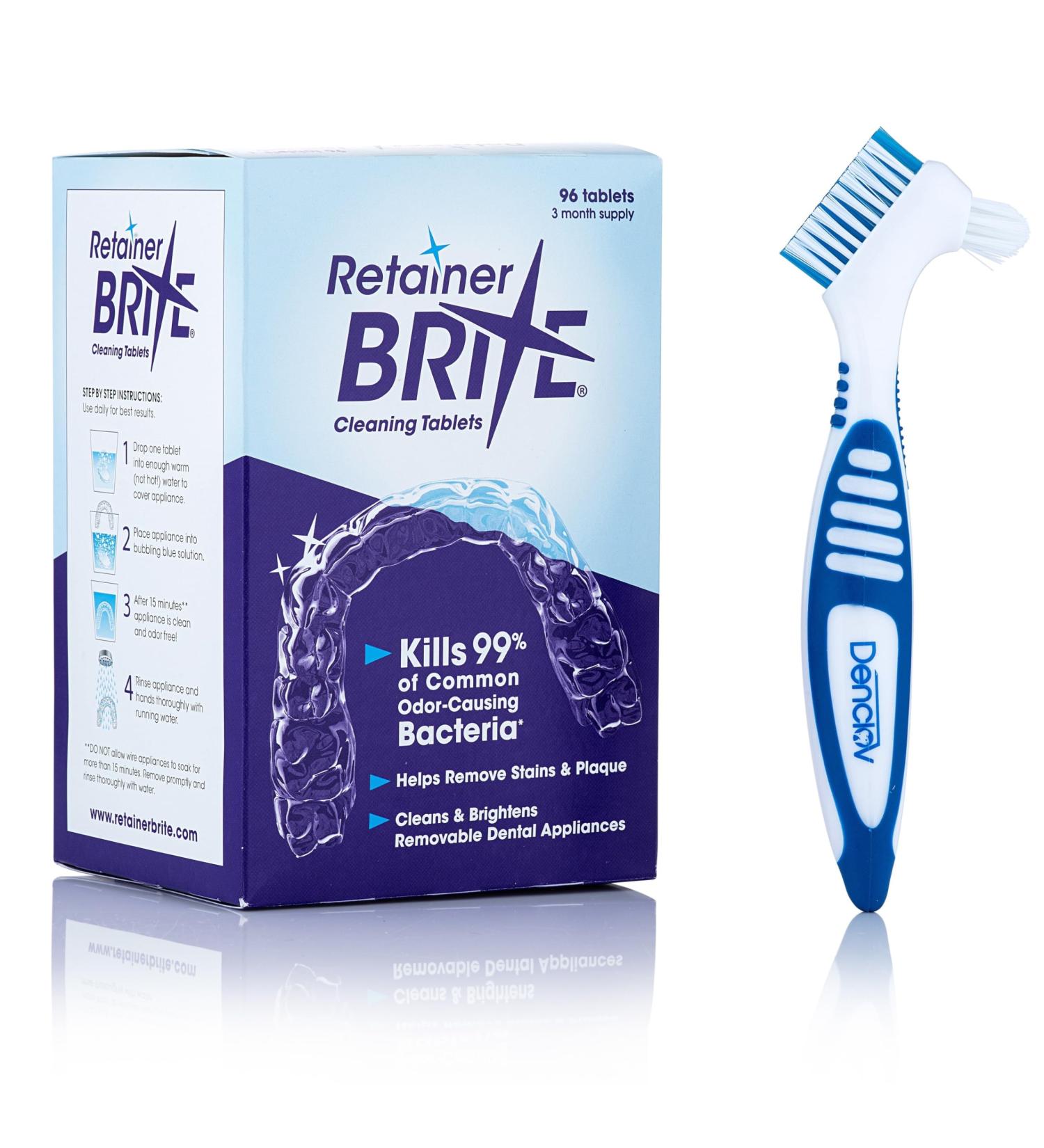 Retainer Brite Cleaning Kit Including 96 Tablets (3 Month Supply) and Denture Brush - Kills 99.9% of Bacteria - Ideal for retainers mouthguard dentures invisalign. Removes Plaque and Tartar. - Buy Online on GoSupps.com