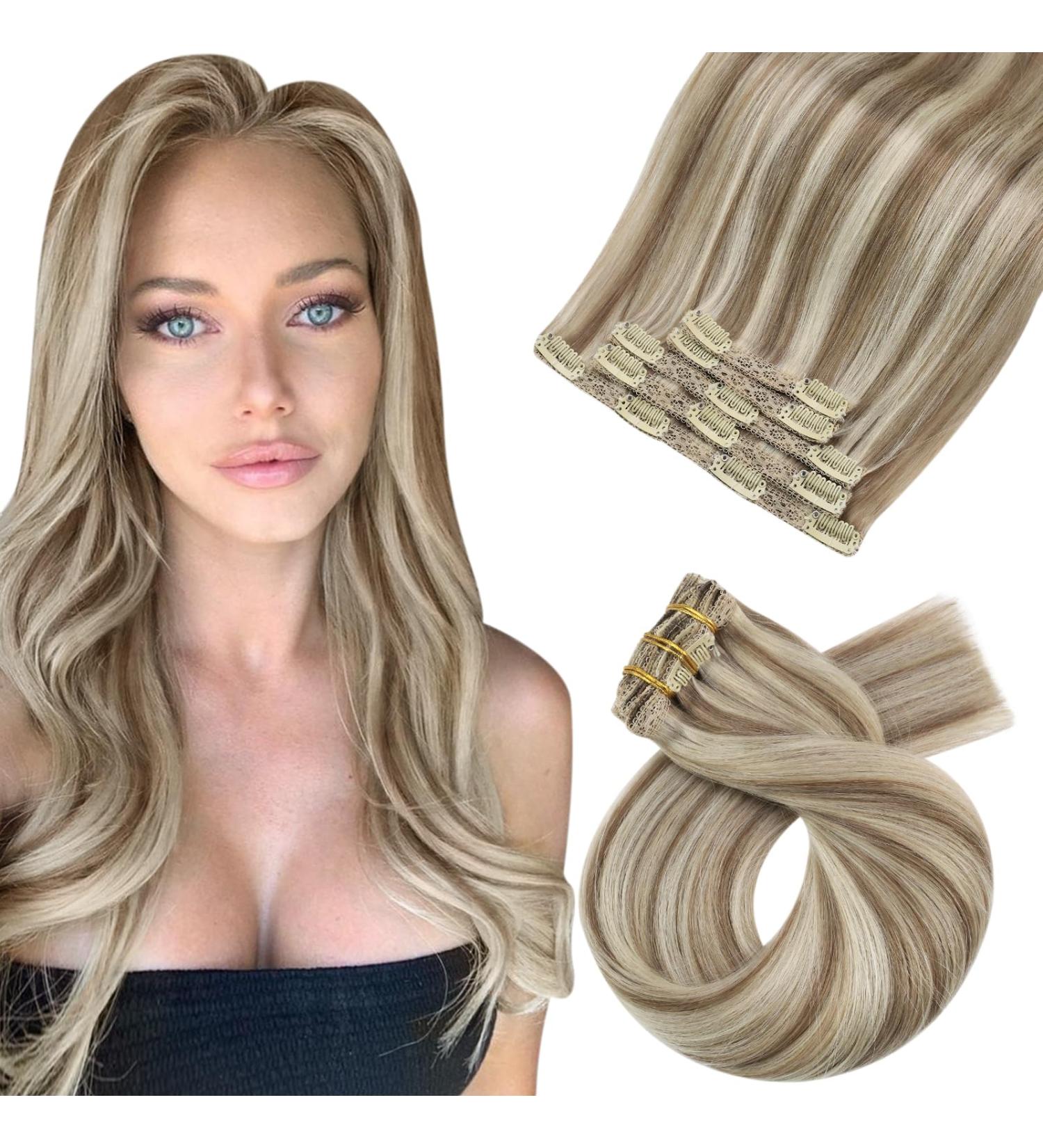 Moresoo Clip in Real Hair Extensions Light Brown with Platinum Blonde Highlights 10 Inch 5 Pieces/70g #P9A/60 - Buy Online on GoSupps.com