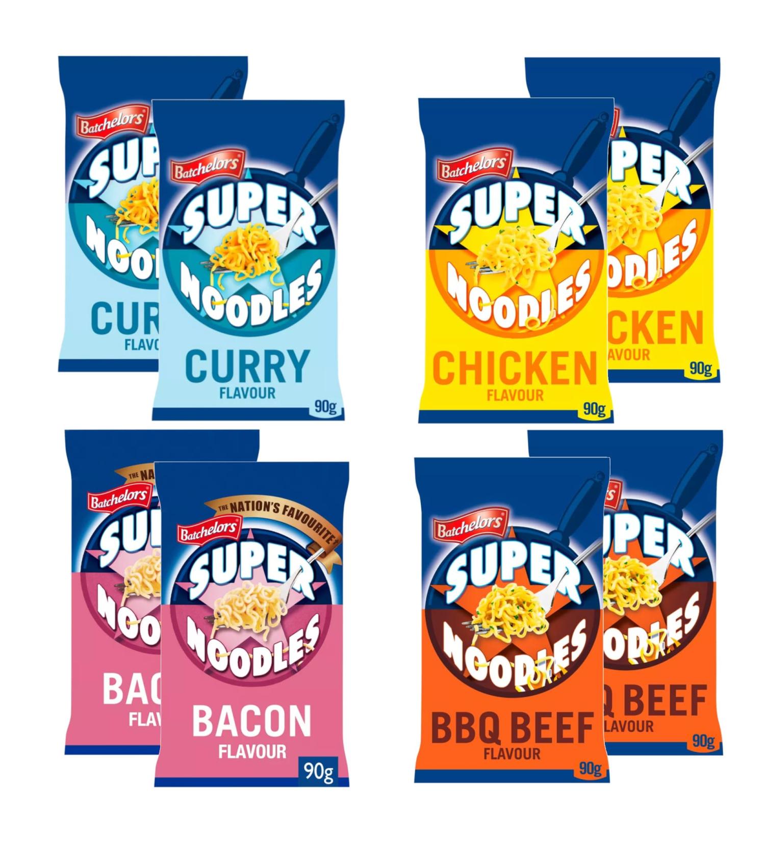Batchelors Instant Super Noodles Variety Pack - 8 x 90g 2 Beef 2 Chicken 2 Curry 2 Bacon - Quick & Tasty Noodle Selection for Meals on the Go - Buy Online on GoSupps.com