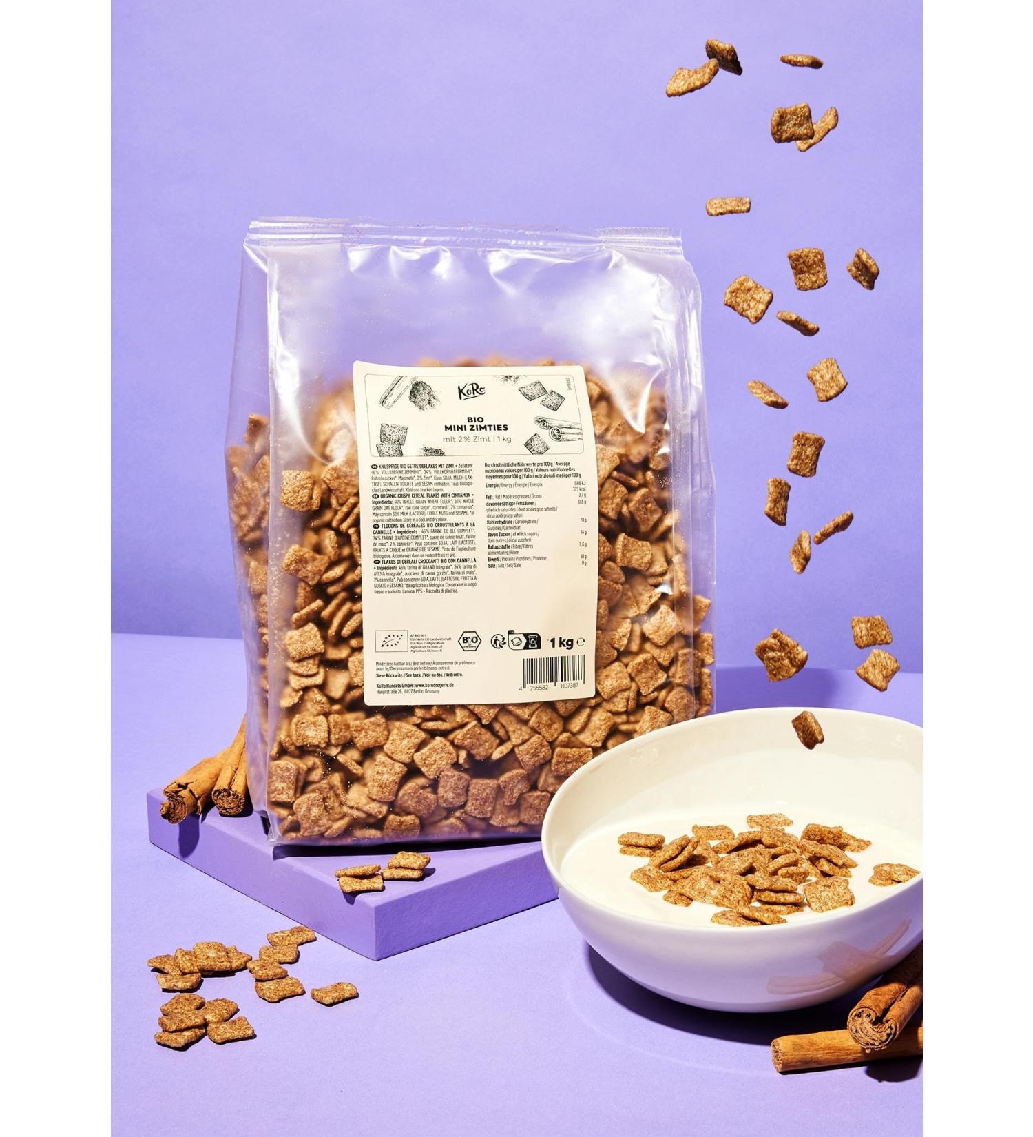 KoRo - Organic Cinnamon Cereal with 2% Cinnamon 1kg - Crispy Wholemeal Flakes with Cinnamon - High Fiber - Vegan - Buy Online on GoSupps.com