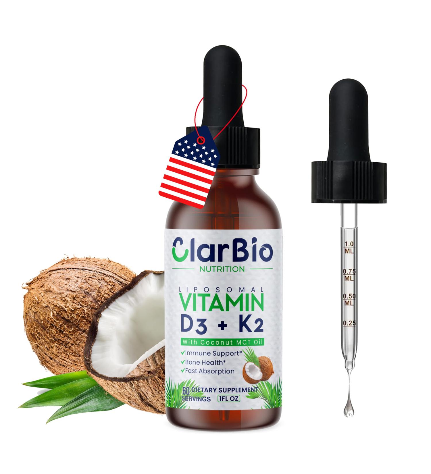 ClarBio Nutrition Liposomal Vitamin D3 K2 (MK-7) Liquid Drops with MCT and Olive Oil | Vitamin D3 5000iu | Bone & Heart Health | Immune & Joint Support Supplement | Maximum Absorption| Made in USA - Buy Online on GoSupps.com
