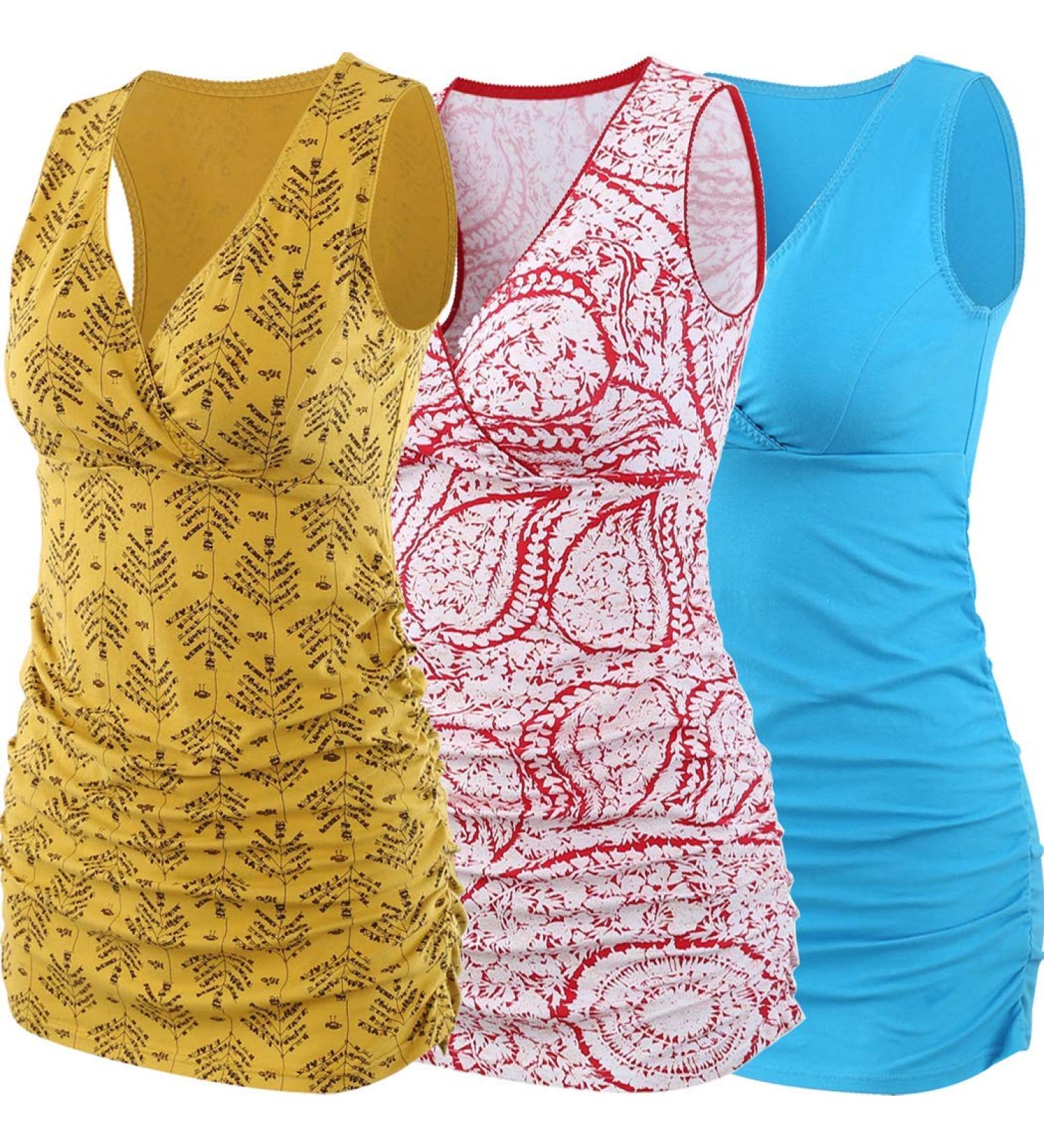ZUMIY Maternity Nursing Top - Women's V Neck Ruched Waist Tank - 3 Pack (M Red+Yellow+Lake Blue) | Cotton, Pregnant & Breastfeeding Shirt - Buy Online on GoSupps.com