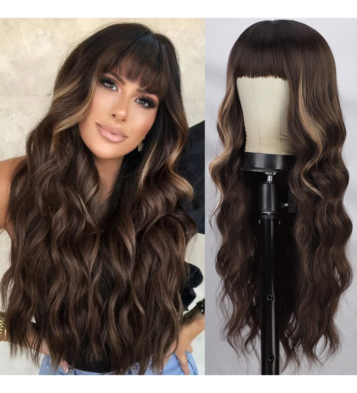 AISI QUEENS Brown Highlight Wig with Bangs - Long Wavy Synthetic Hair for Women | Curly Wavy Style for Daily & Party Wear | Brown Mixed Blonde - Buy Online on GoSupps.com