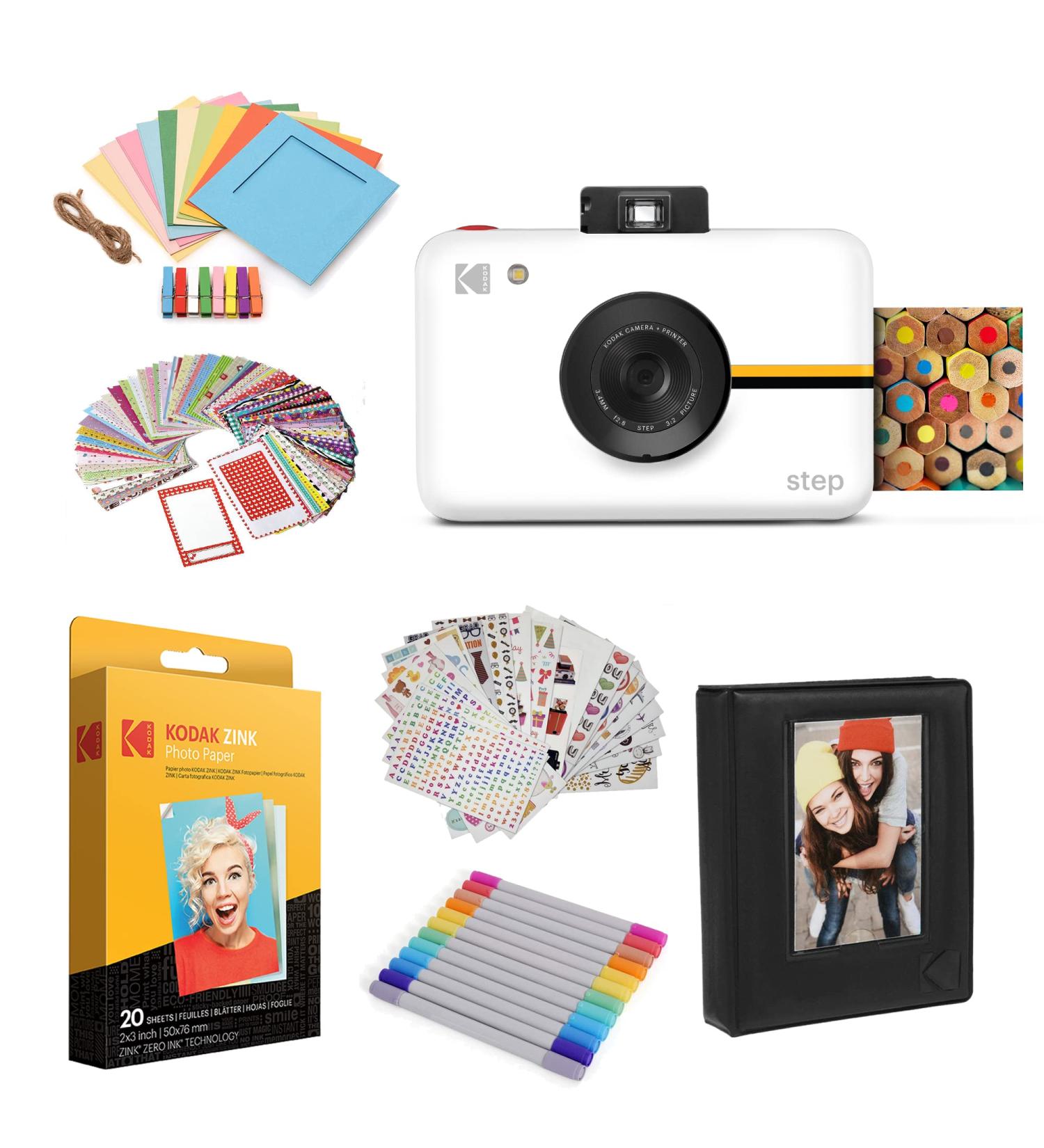 Kodak Step Instant Camera Bundle - 10MP Image Sensor, Zink Zero Ink Tech, Photo Album, Case, 20 Pack Zink Paper, Markers, Stickers - White - Buy Online on GoSupps.com