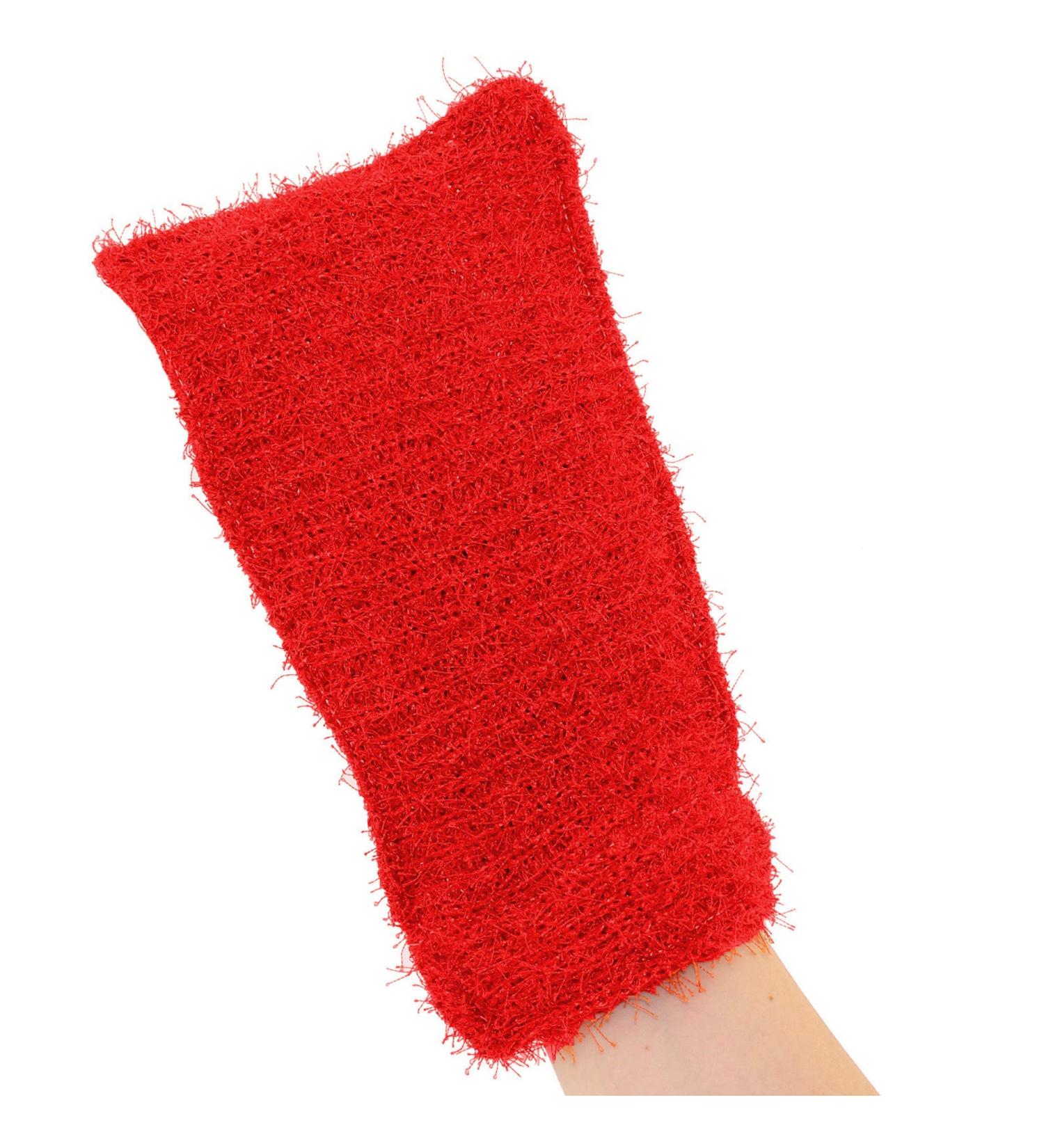 Exfoliating Loofah Glove Scrubber Mitten | Double Sided Bath Sponge Mitten & Soap Bag for Foaming | Red - Buy Online on GoSupps.com