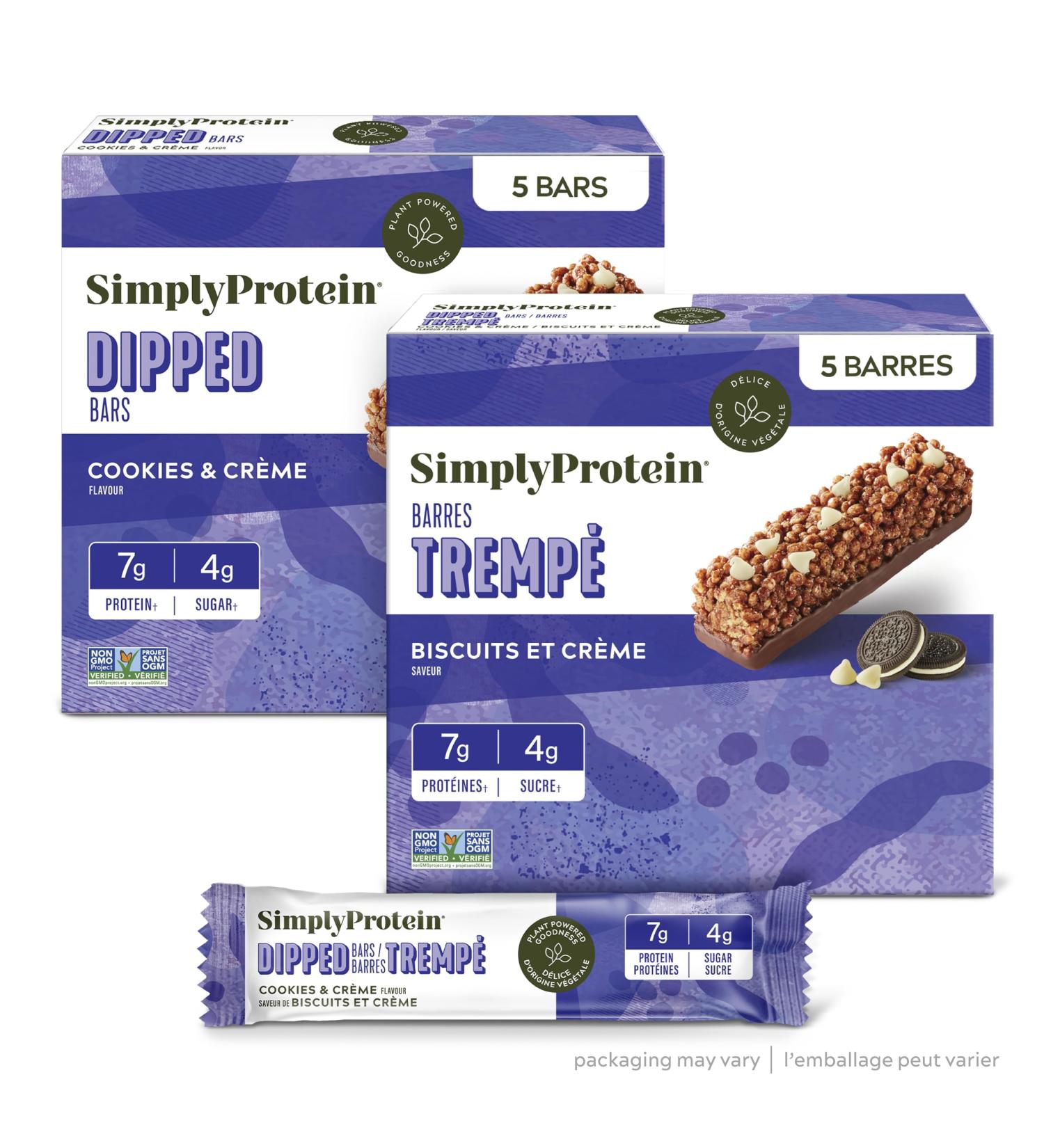 Simply Protein - Cookies & Cr me Dipped Bars 5 Bars - Plant Based Protein Snack Bars Snacks for Kids - 7g Protein 4g Sugar 100 Calories - Vegan Gluten Free Non GMO Kosher - 1 Box Cookies And Cream 5 Count (Pack of 1) - Buy Online on GoSupps.com