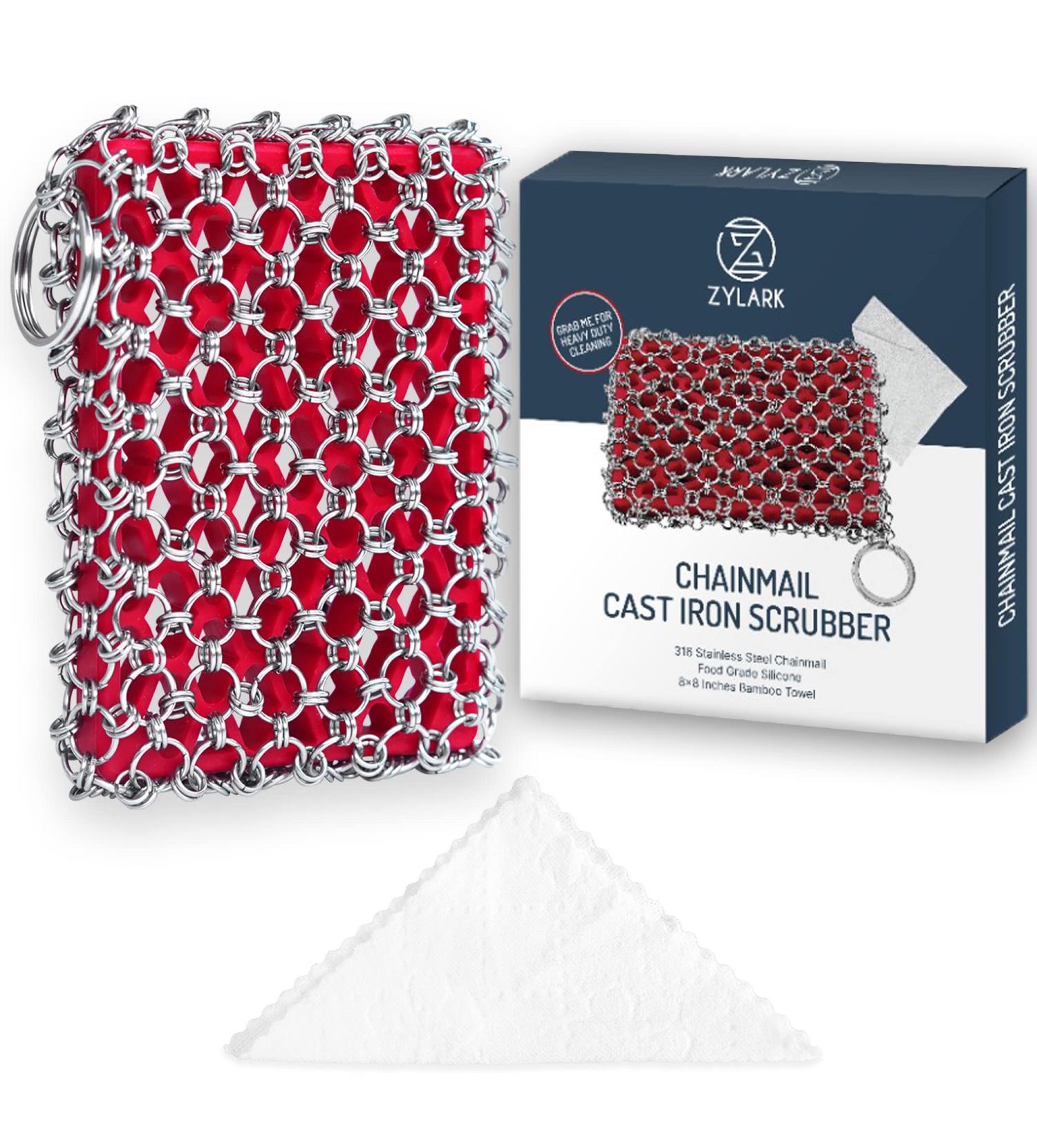 Zylark 316 Cast Iron Scrubber Chainmail + Bamboo Towel - Red CIS with Silicone Insert - Skillet Cleaner for Cast Iron Cookware - Buy Online on GoSupps.com
