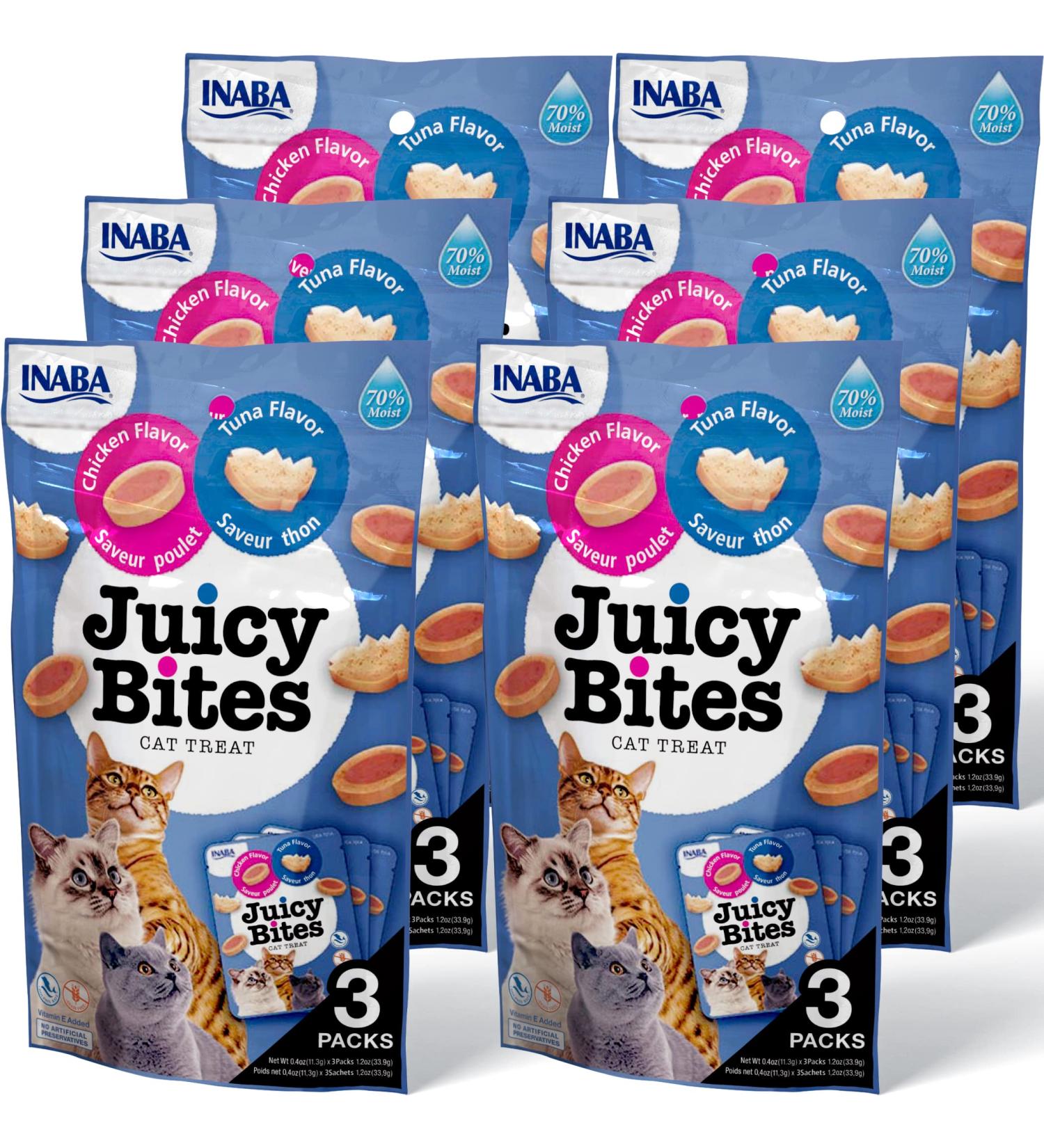 INABA Juicy Bites Grain-Free Soft Moist Chewy Cat Treats with Vitamin E and Green Tea Extract - 0.4 oz per Pouch - 18 Pouches (3 per Bag) - Tuna and Chicken Flavor - Buy Online on GoSupps.com