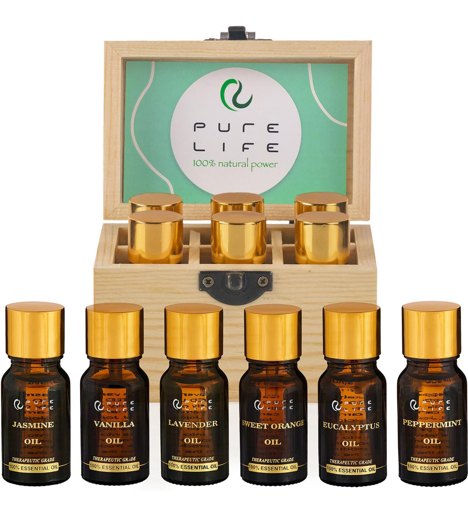 Pure Life Top 6 Essential Oils Set - 100% Organic Aromatherapy Kit for Diffuser & Humidifier - Lavender, Peppermint, Eucalyptus, Orange, Vanilla, Jasmine - Buy Online on GoSupps.com