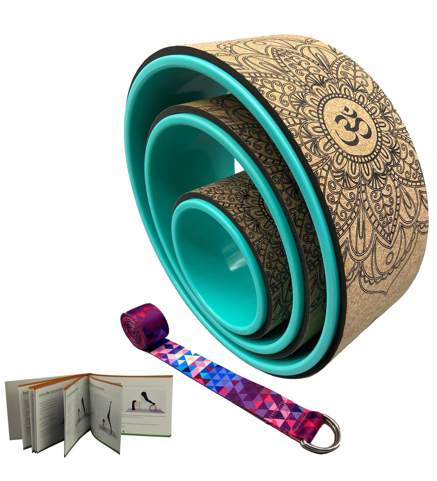 Aozora Yoga Wheel Set - 3 Pack 6, 10, 13 Cork/Turquoise with Detailed Book Guide for 30+ Poses - Perfect for Backbends and Stretching - Buy Online on GoSupps.com