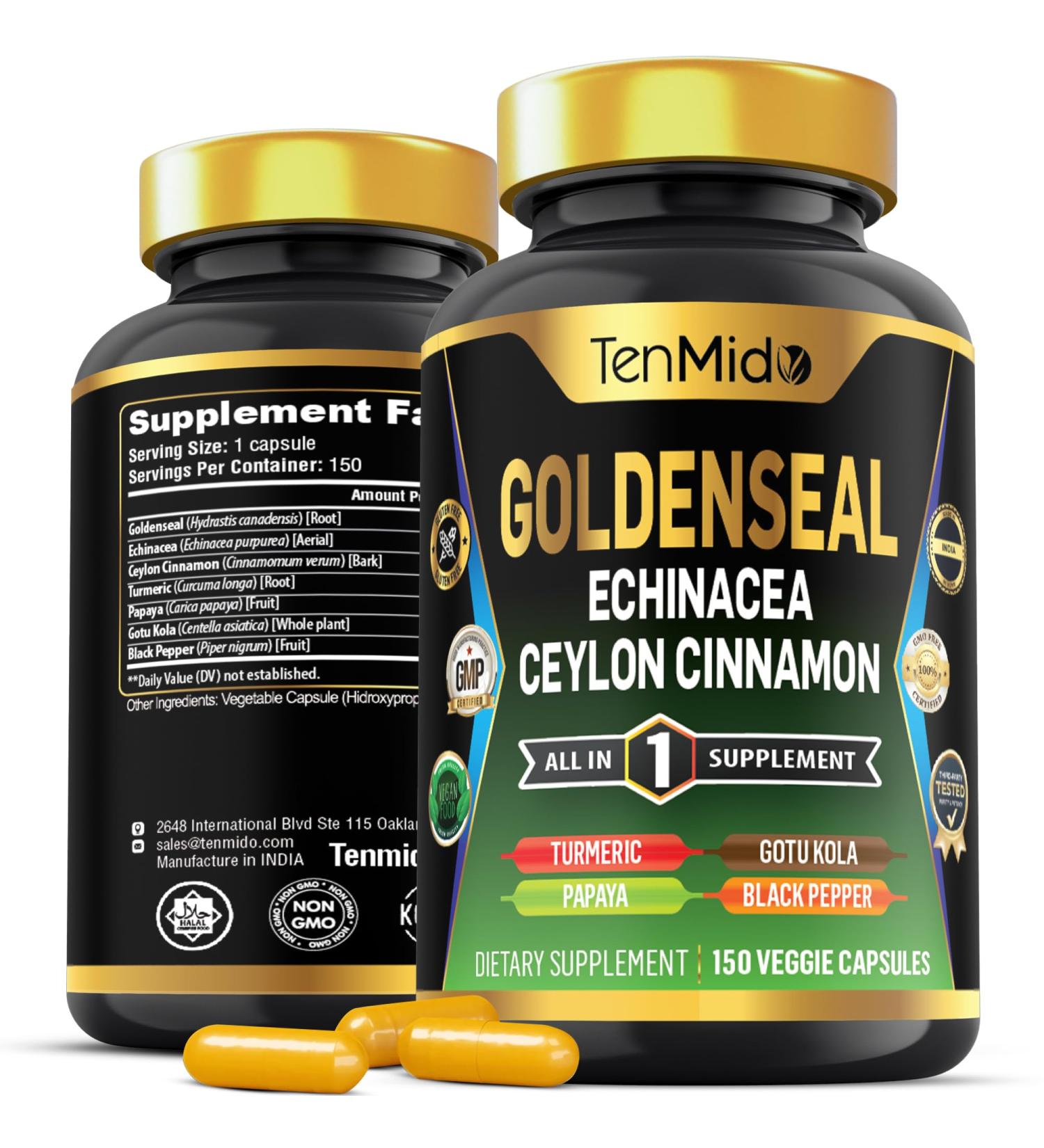 Tenmido Goldenseal Root Supplement - 7in1 Formula - Combine with Echinacea Ceylon Cinnamon Turmeric Papaya Gotu Kola & Black Pepper - Digestive Health Support - 150 Capsules for 5 Months Supply - Buy Online on GoSupps.com