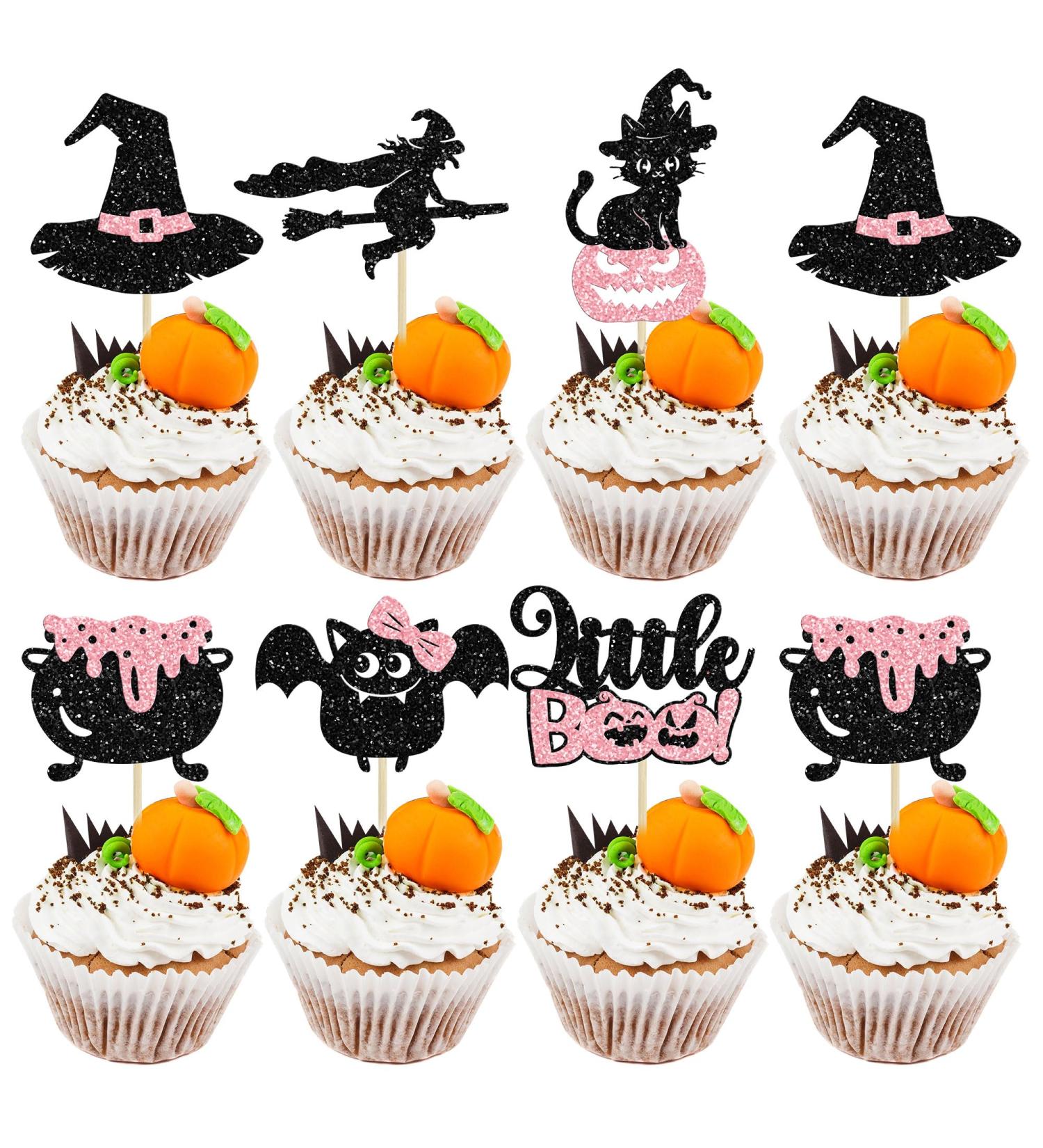 Gyufise 24Pcs Halloween Cupcake Toppers Glitter Pink Ghost Little Boo Bat Witch Cat Pumpkin Cupcake for Halloween Theme Baby Shower Birthday Party Cake Decorations Supplies Pattern 23 - Buy Online on GoSupps.com