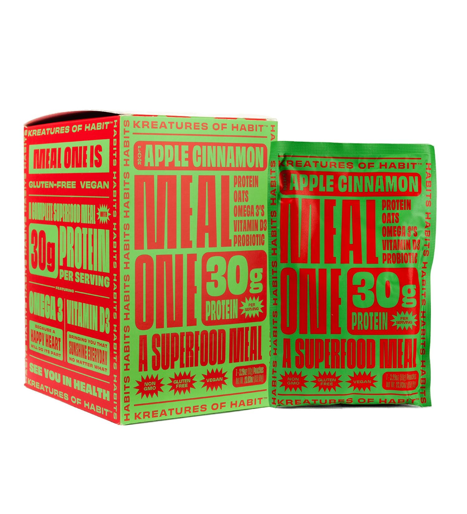 Kreatures of Habit Apple Cinnamon Meal One: Overnight & Instant Superfood Protein Meal Replacement | 30g Plant Based Protein | Gluten Free Dairy Free | Pack of 7 - Buy Online on GoSupps.com