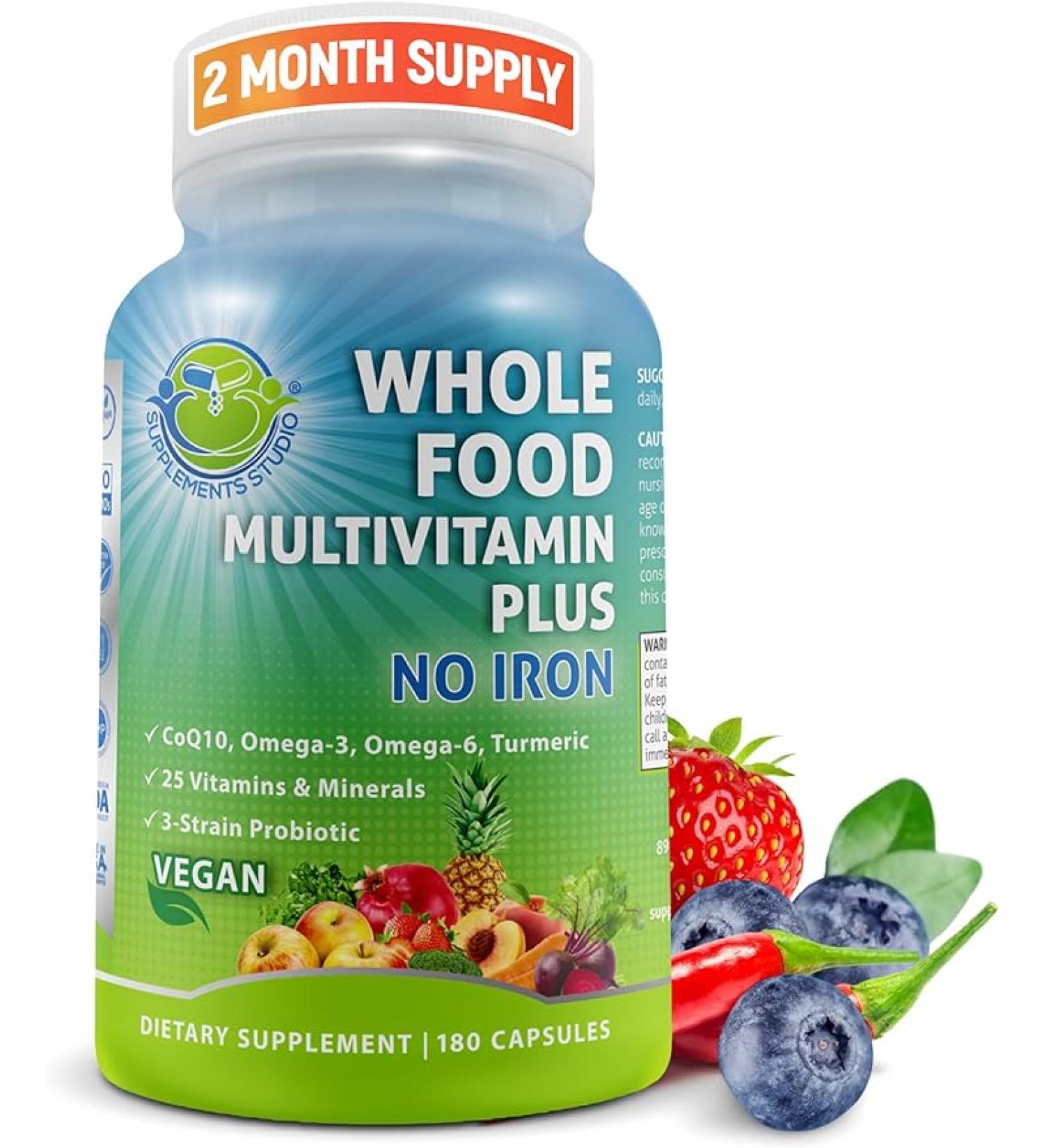 Vegan Whole Food Multivitamin Without Iron Daily Multivitamin for Women and Men Made with Fruits & Vegetables B-Complex Probiotics Enzymes CoQ10 Omegas Turmeric Non-GMO 180 Count - Buy Online on GoSupps.com