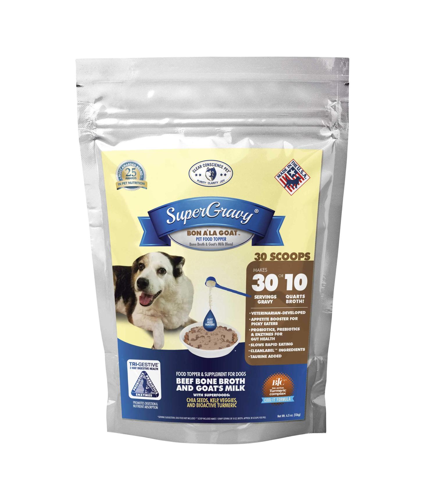 Clear Conscience Pet Bon A La Goat Super Gravy Natural Dog Food Gravy Topper Beef Bone Broth, Goat Milk for Dogs Gluten Free & Grain Free 30 Scoop
