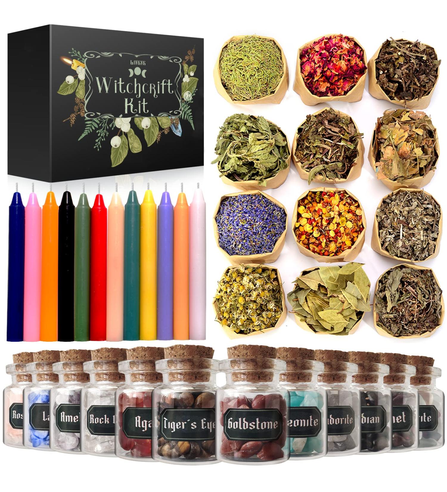 Witchcraft Supplies Kit: 48 PCS for Spells, Dried Herbs, Crystal Jars, Colored Candles, Parchment - Wiccan Tools and Beginner Witchcraft Kit for Pagan Rituals - Buy Online on GoSupps.com