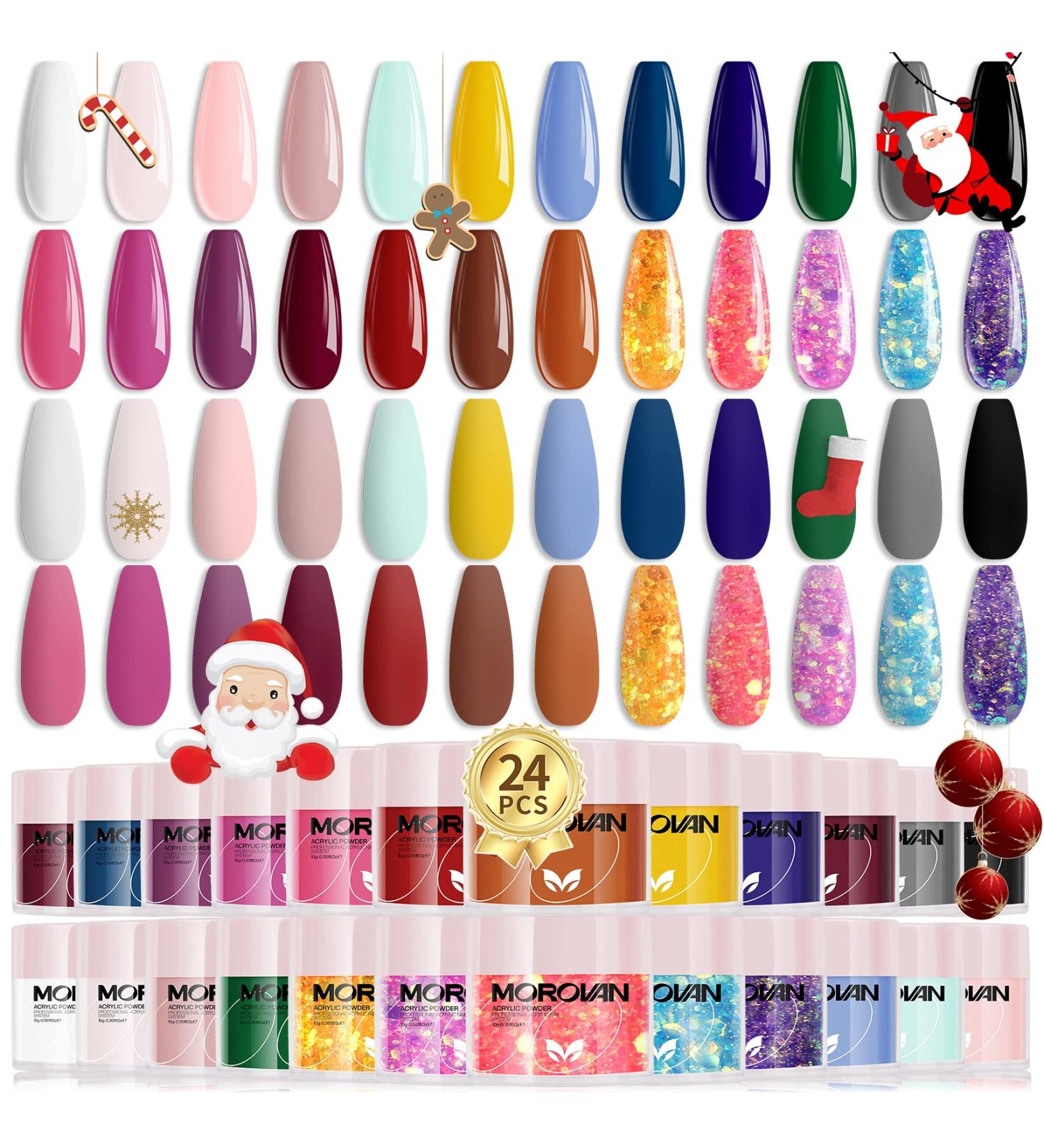 Morovan Acrylic Powder Set - 24 Colors for Nail Extension and Carving - Beginner-Friendly Polymer Powders in Brown, Pink, White, and Blue Glitter - Buy Online on GoSupps.com