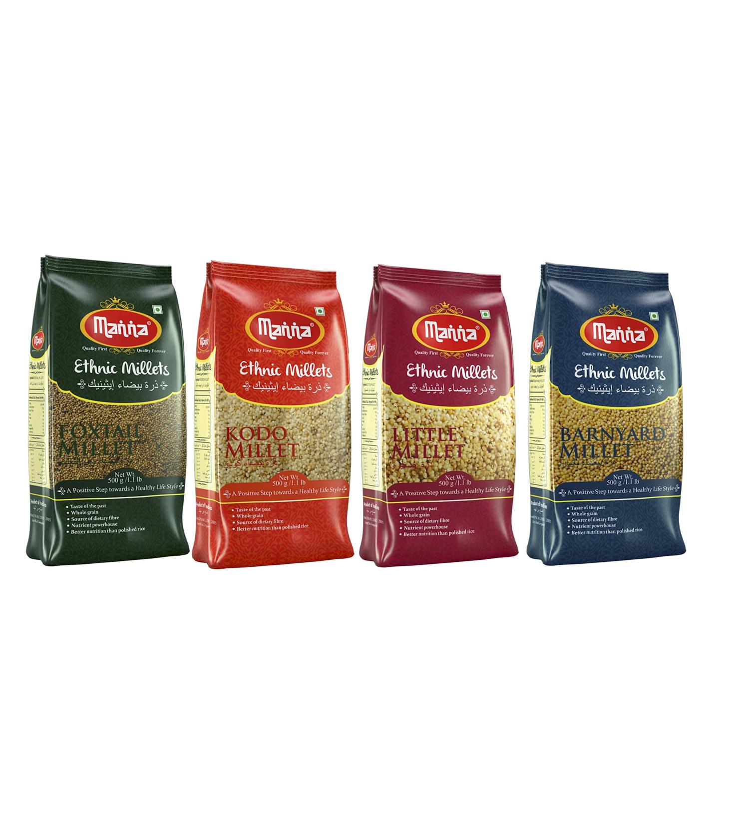 Manna Mixed Millets Combo - Kodo, Little, Foxtail, Barnyard Millet 500g each - Buy Online on GoSupps.com
