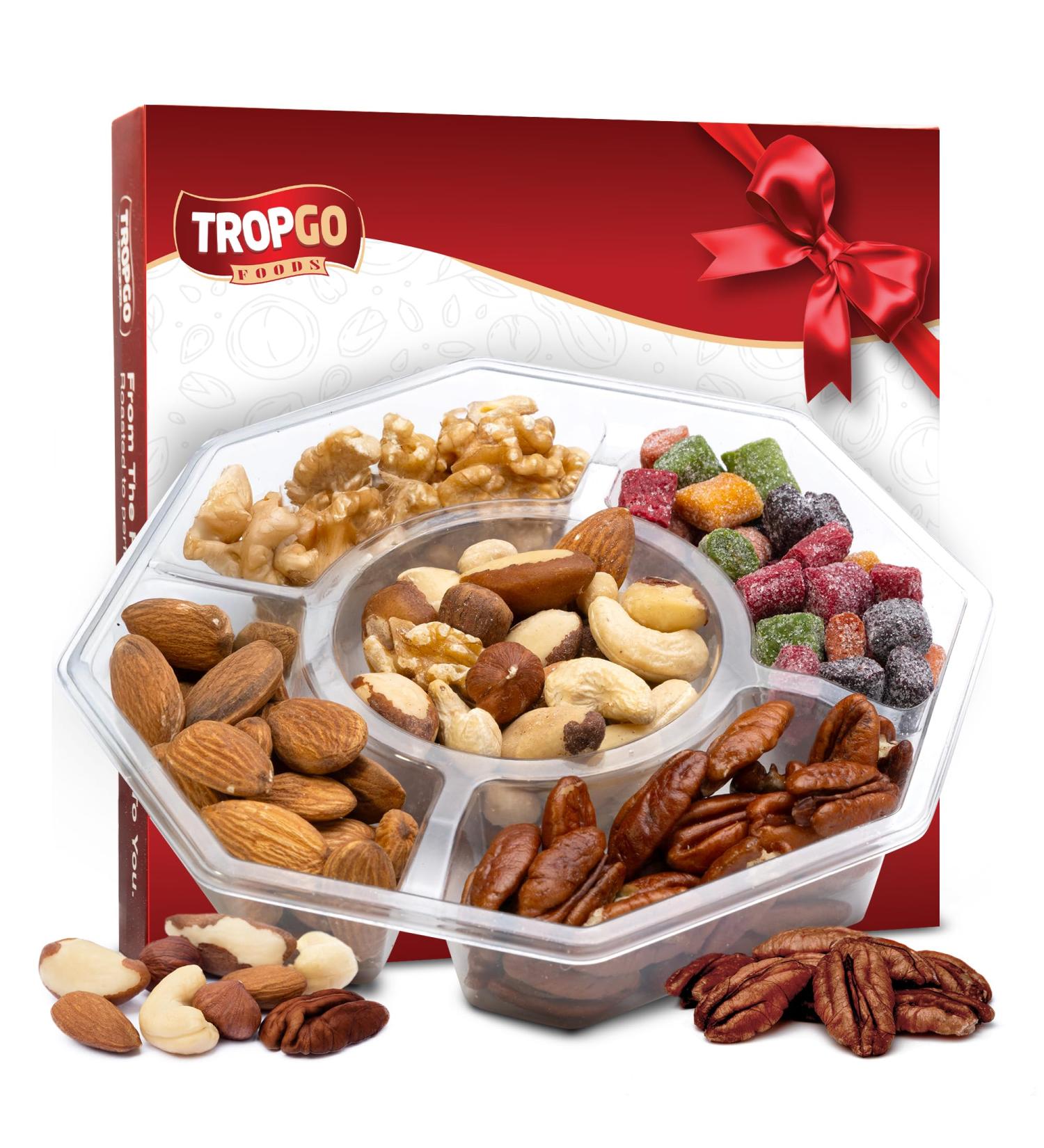 Tropgo Bo te cadeau alimentaire rouge 5 sections Cadeaux alimentaires avec noix de p can noix amandes et mini cubes de mangue avec carte cadeau rouge Coffret cadeau de f te - Buy Online on GoSupps.com