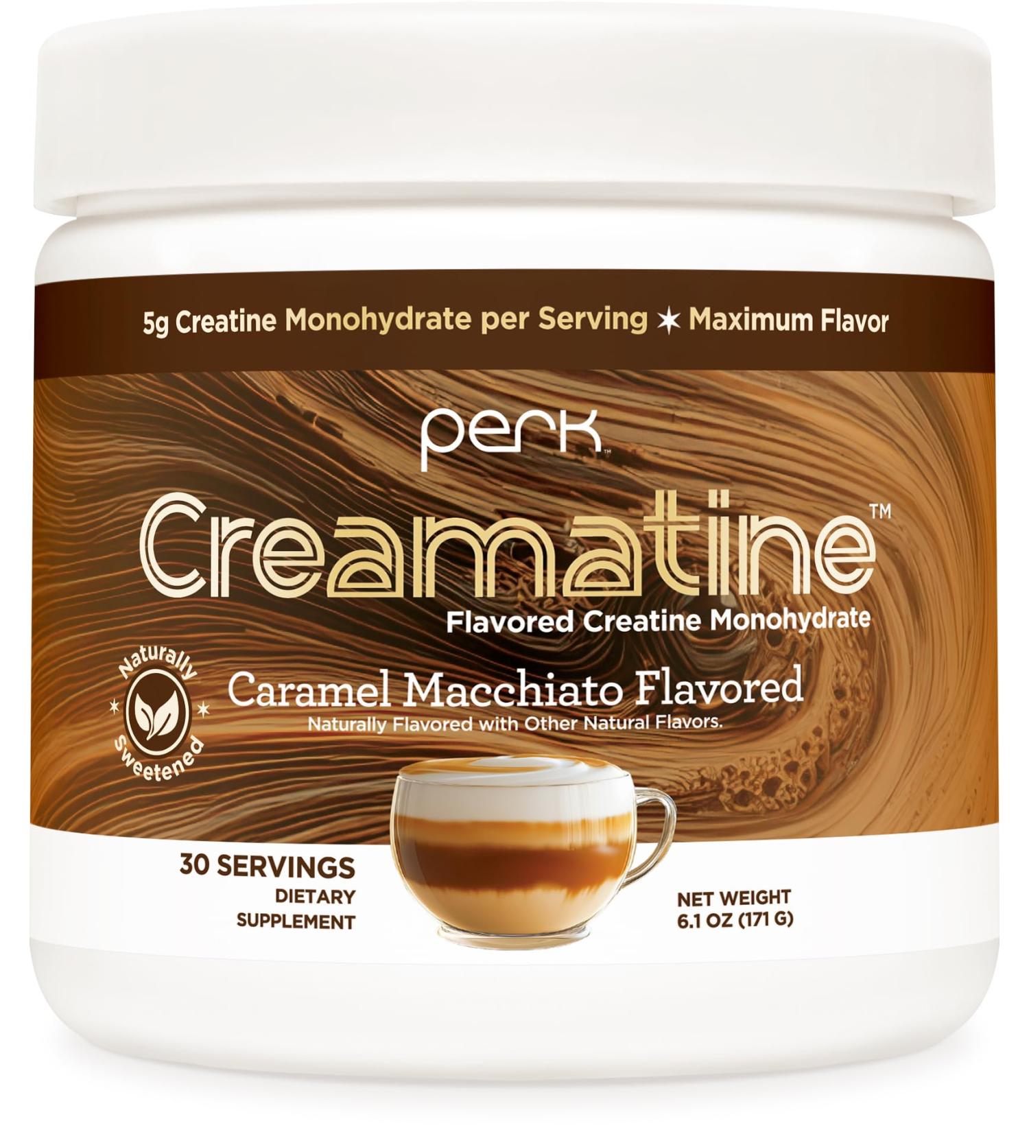 Perk Creamatine (Caramel Macchiato) 30 Servings - Flavored Creatine Monohydrate 5g of Creatine per Serving Naturally Sweetened Zero Sugar Gluten-Free Soy-Free - Buy Online on GoSupps.com