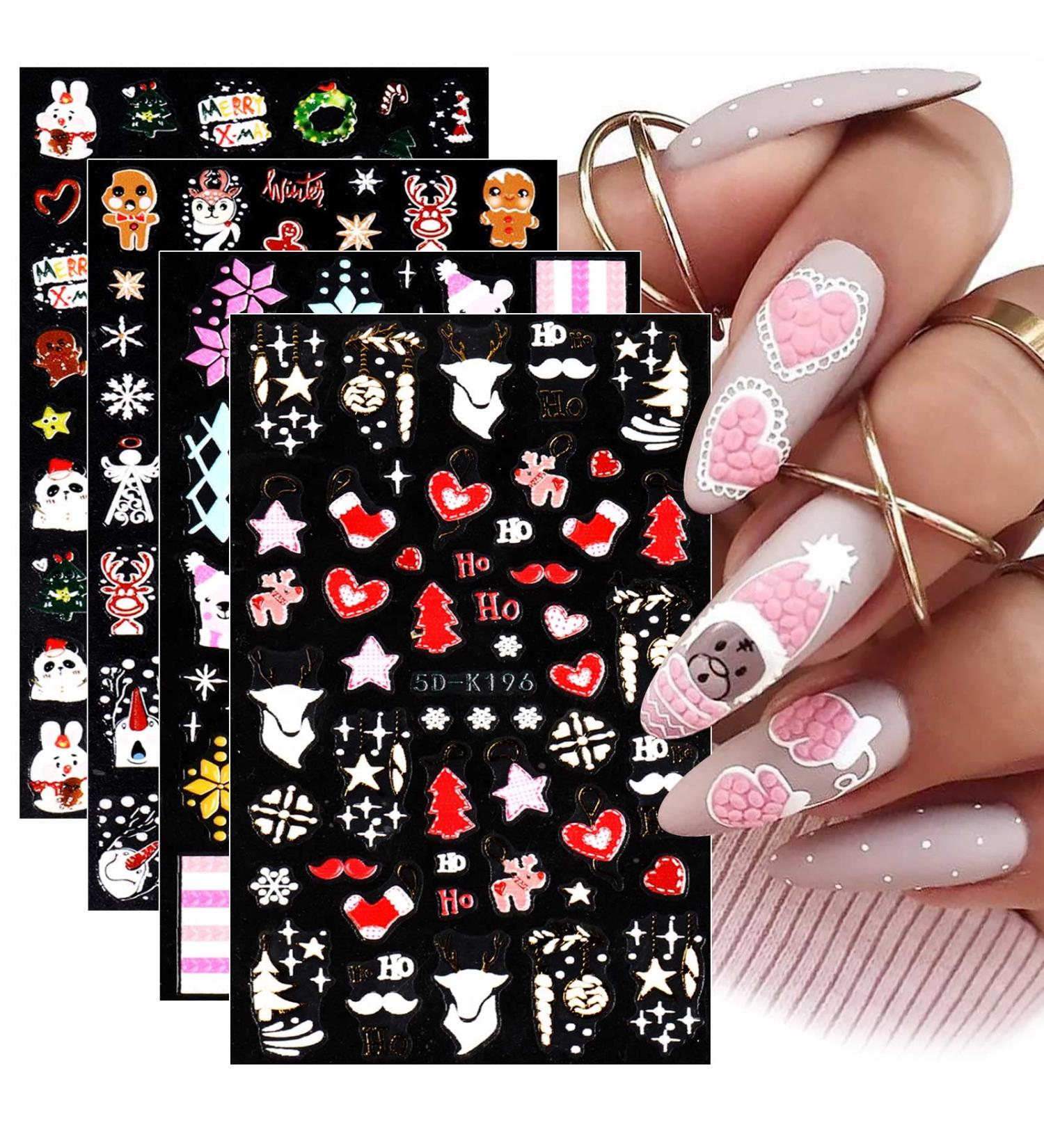 3D Embossed Christmas Nail Art Stickers Decals 4 Sheets 5D Self-Adhesive Red Heart Snowflake Winter Nail Supplies Nail Art Design Decoration Accessories - Buy Online on GoSupps.com