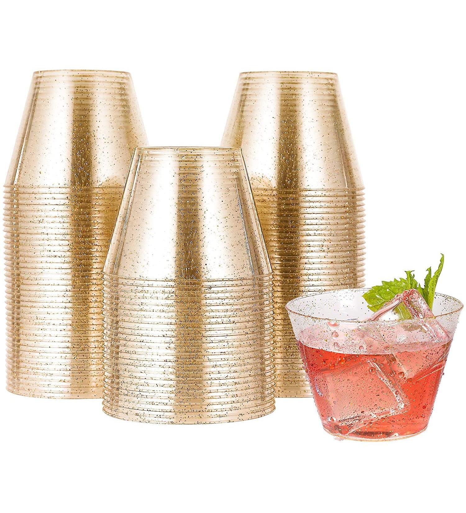 Suniney 40 PCS Disposable Cups Gold Glitter Plastic Cups 9Oz Disposable Clear Drinking Cups Fashion Party Cups Wine Cups Glasses Tumblers for Wedding Bridal Shower Baby Shower Birthday Anniversary Home Office Bars Champagne Cold Drinks Tea Punch Juice Sod - Buy Online on GoSupps.com