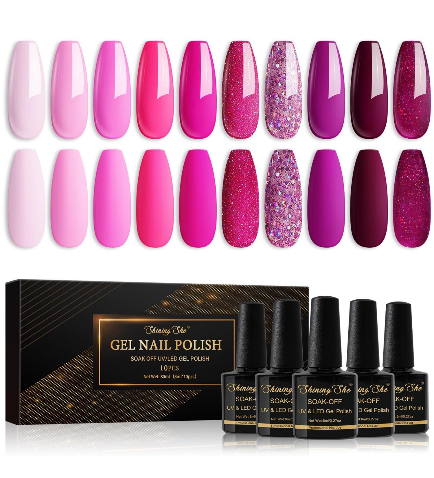 Shining She Gel Nail Polish Set - 10 Colors Purple Pink Rose Shimmer Glitter Kit for Salon & DIY - 8ML Soak-Off UV/LED Gel Polish Gift - Buy Online on GoSupps.com