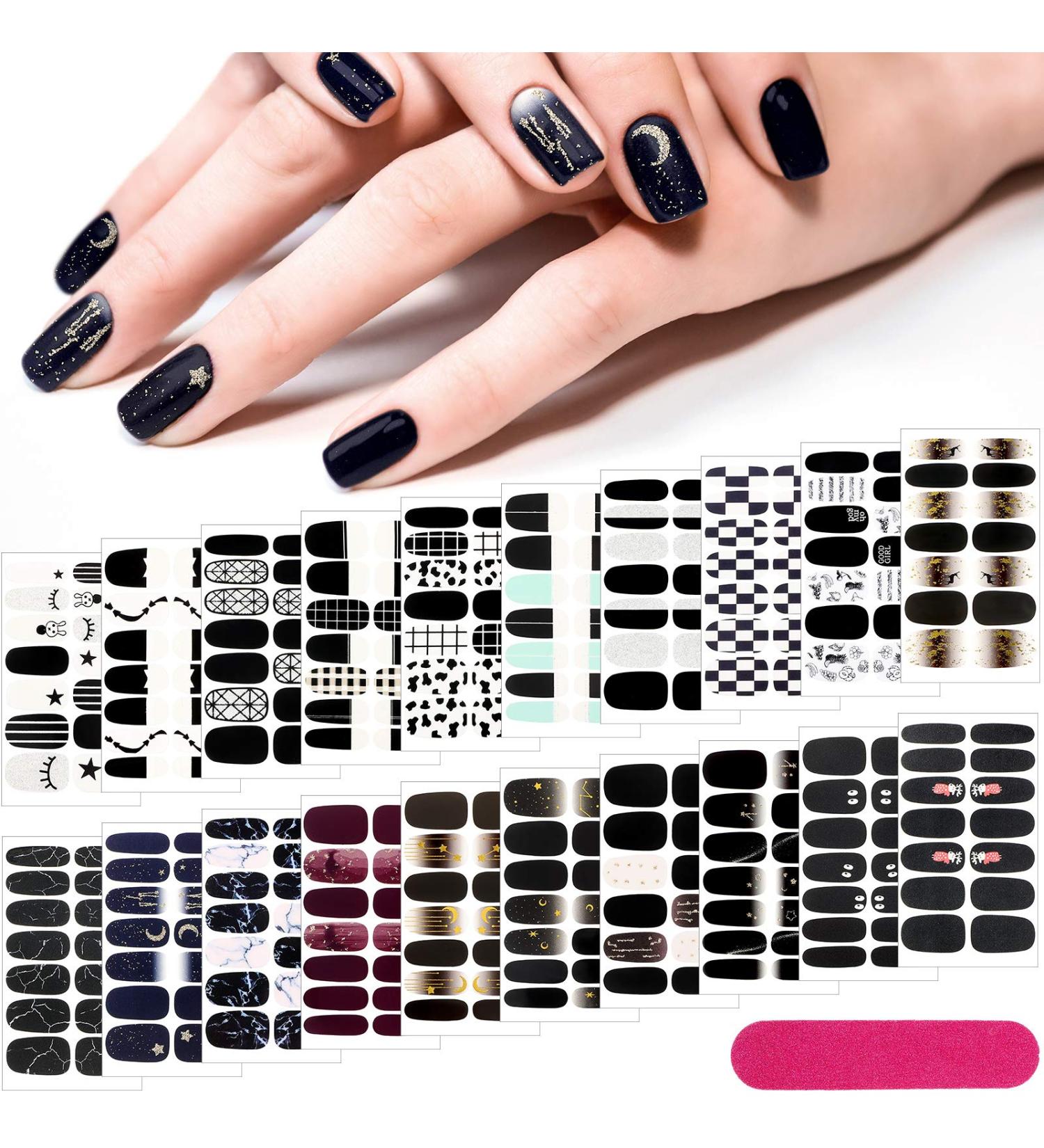 Chic Style Black Nail Wraps - 280 Pieces Self-Adhesive Full Cover Nail Decals for Girls and Women | Includes 20 Sheets and 2 Nail Files - Nail Polish Stickers and Manicure Decals - Buy Online on GoSupps.com