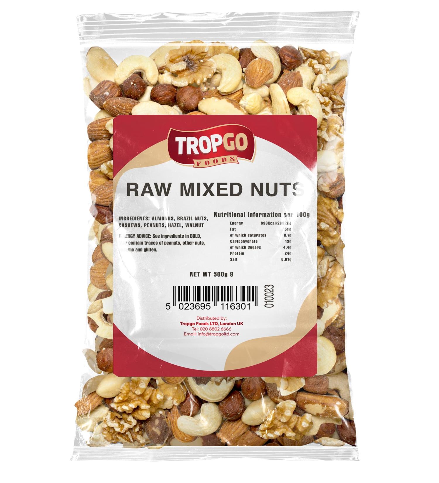 Tropgo Raw Mixed Nuts 500g Unsalted Nut Mix Freshly Packed Healthy Nuts with Fiber Protein Minerals Perfect as a Snack Contains Almonds Brazil Nuts Cashew Nuts Peanuts Hazelnuts - Buy Online on GoSupps.com