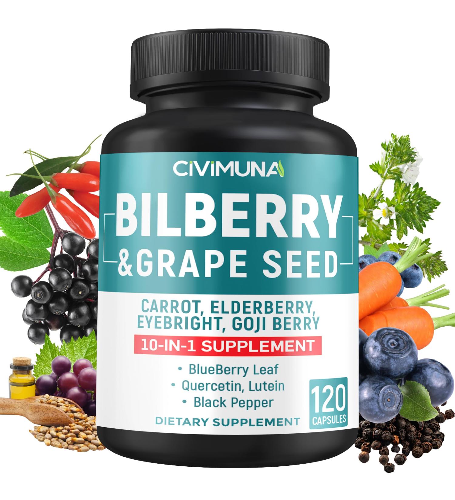 CIVIMUNA Bilberry Extract Capsules with Grape Seed Carrot Elderberry Eyebright Goji Berry and More - 120 Capsules for 4 Months Supply - Buy Online on GoSupps.com
