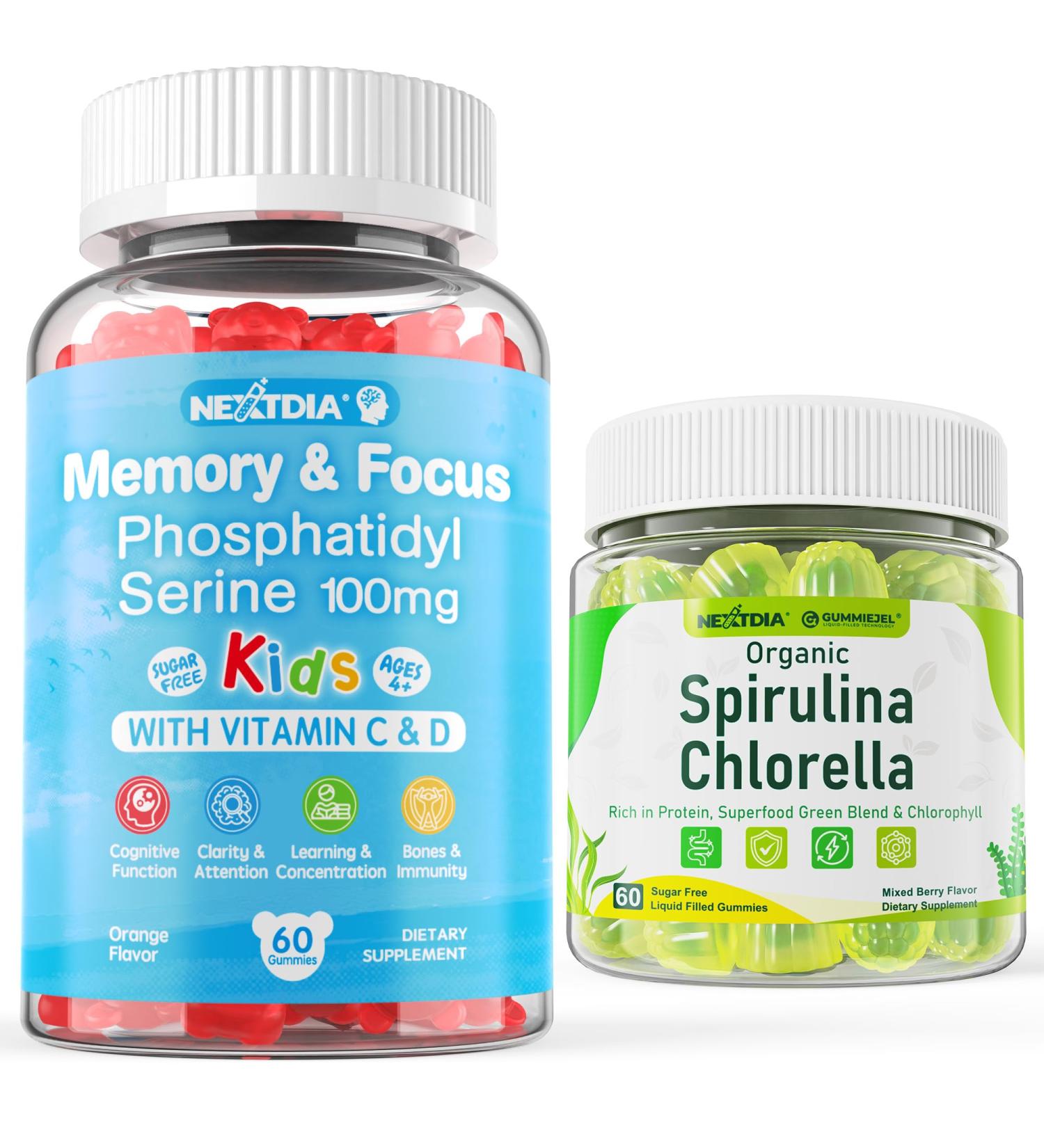 Nextdia Phosphatidylserine-Kids Focus Gummies + Organic Spirulina Chlorella Gummies - Buy Online on GoSupps.com