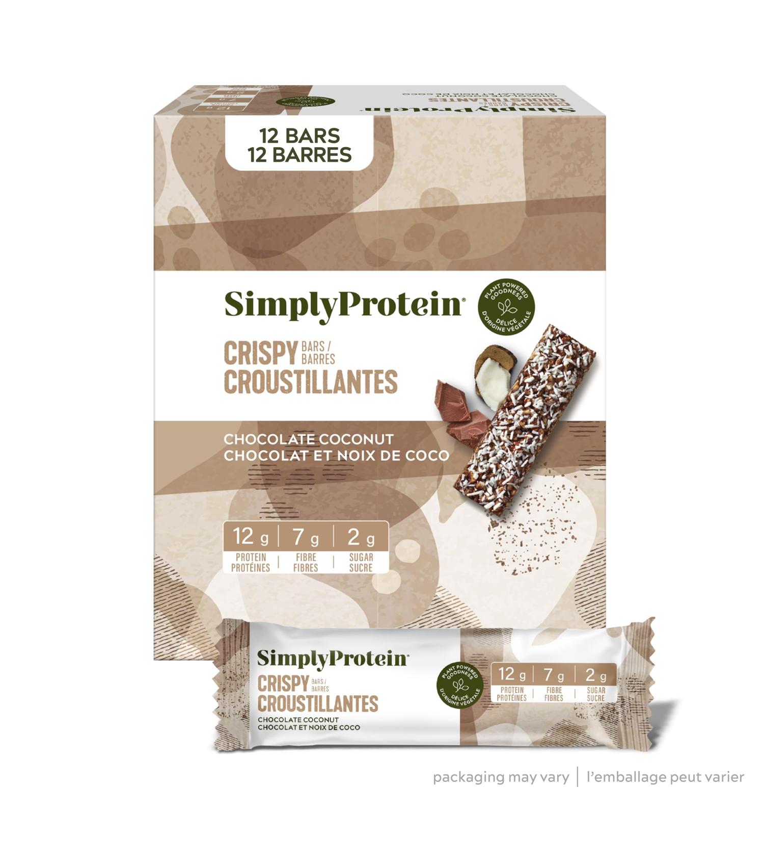 Simply Protein - Chocolate Coconut Crispy Bars - Plant Based Protein Bars - Low Carb Low Sugar High Fibre - 12g Protein 2g Sugar 7g Fibre - Vegan Gluten Free Non GMO Kosher - 12 Bars Chocolate Coconut 12 Count (Pack of 1) - Buy Online on GoSupps.com