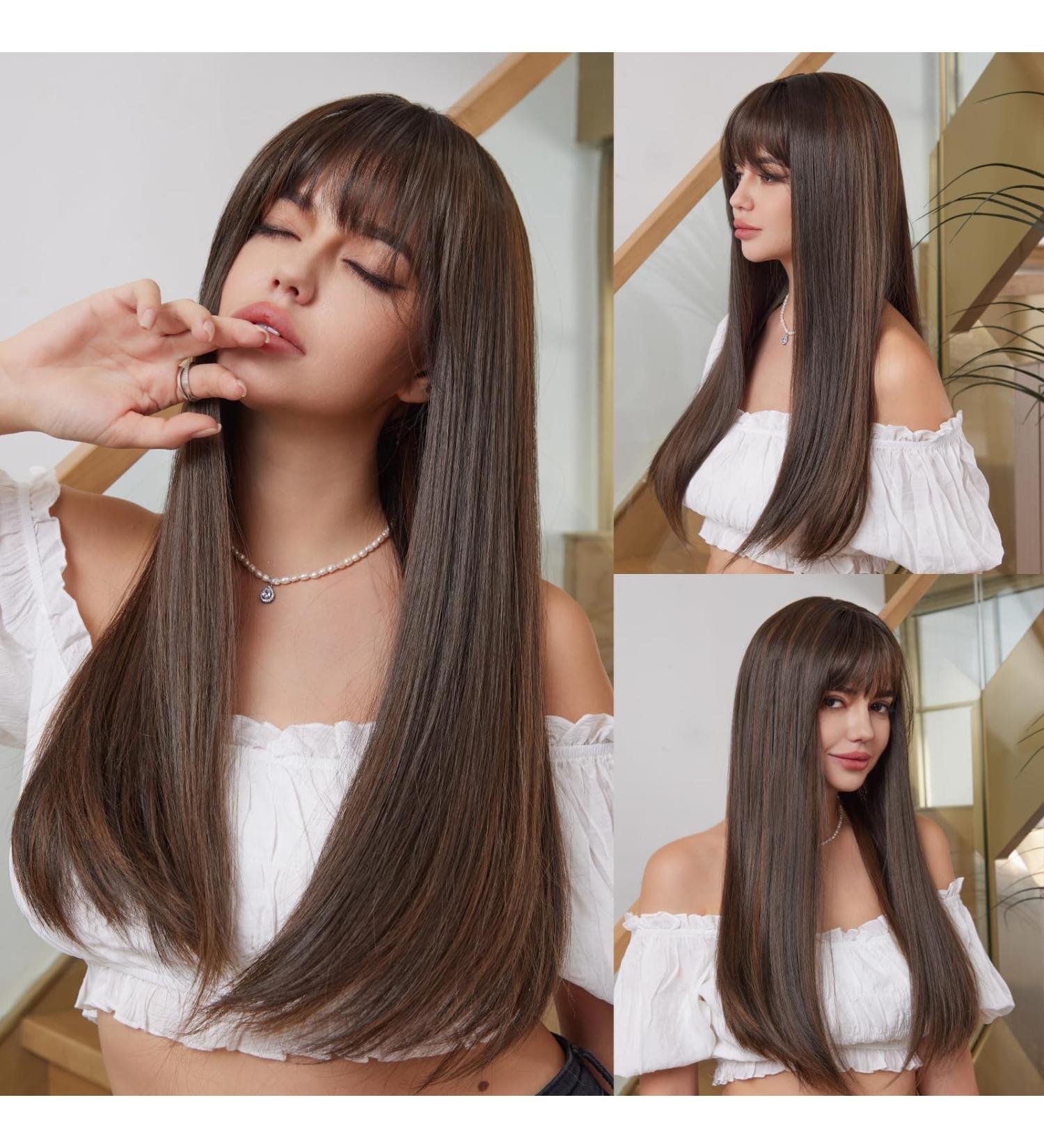 HAIRCUBE Long Natural Black Wigs with Highlights - Straight Fringe Wig for Women - Daily Wear - Buy Online on GoSupps.com