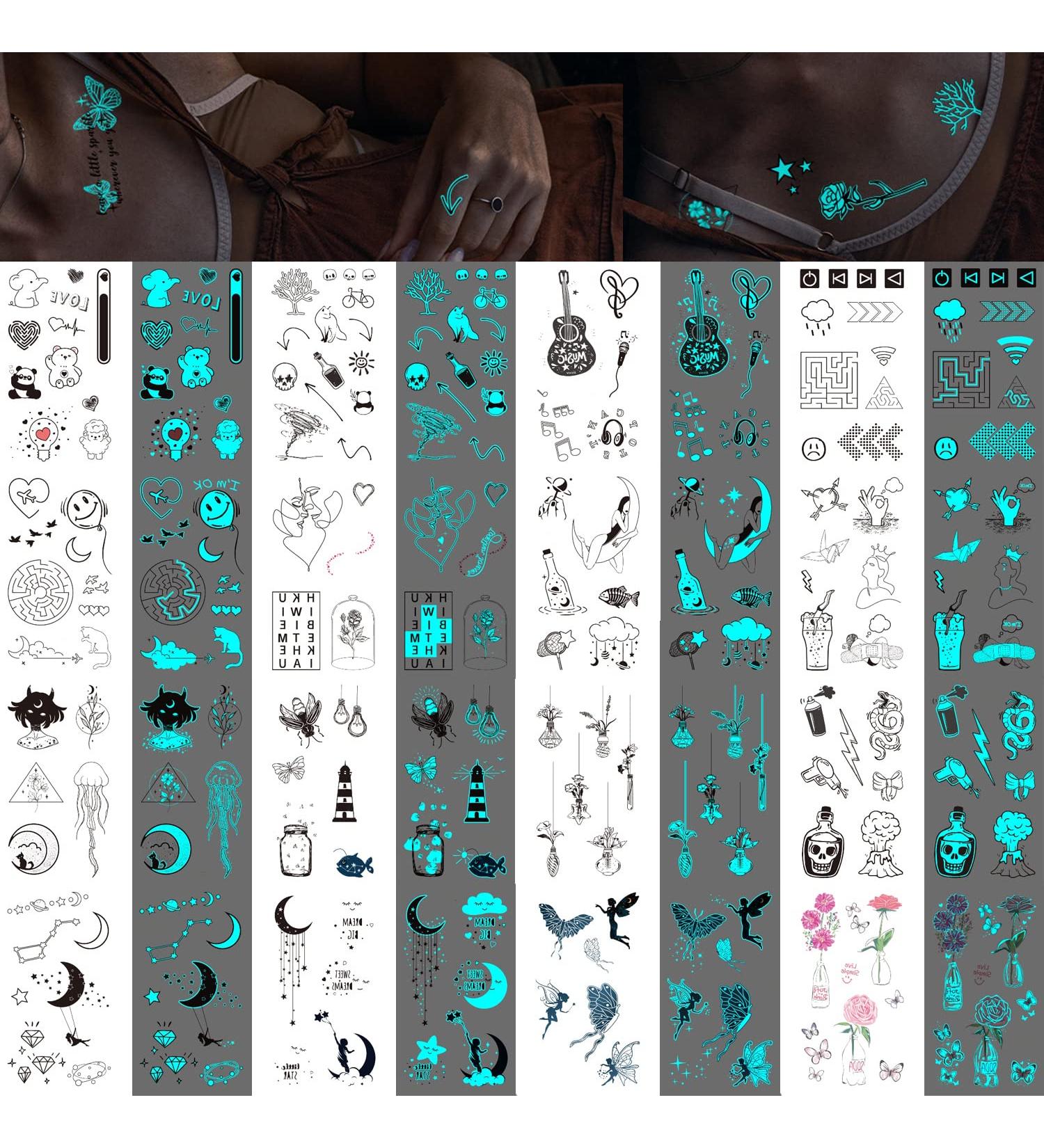 Glow in the Dark Blue Temporary Tattoos - 180+ Styles, 36 Sheets - Fake Body Tattoo Stickers for Adults, Luminous Party Favors - Men, Women, Nightclub, Pub - Buy Online on GoSupps.com