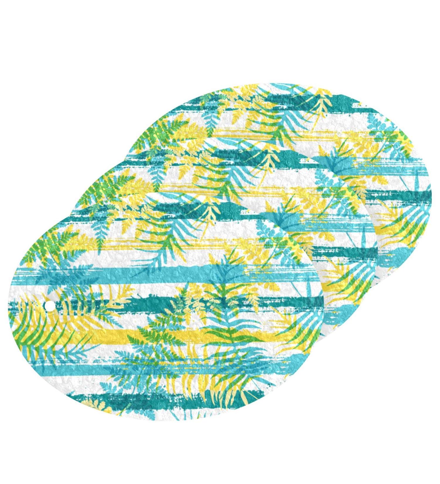 3-Pack Cleaning Kitchen Sponges Oval Yellow Blue Leaf Stripes Kitchen Cellulose Dishwashing Wood Pulp Cotton - Buy Online on GoSupps.com