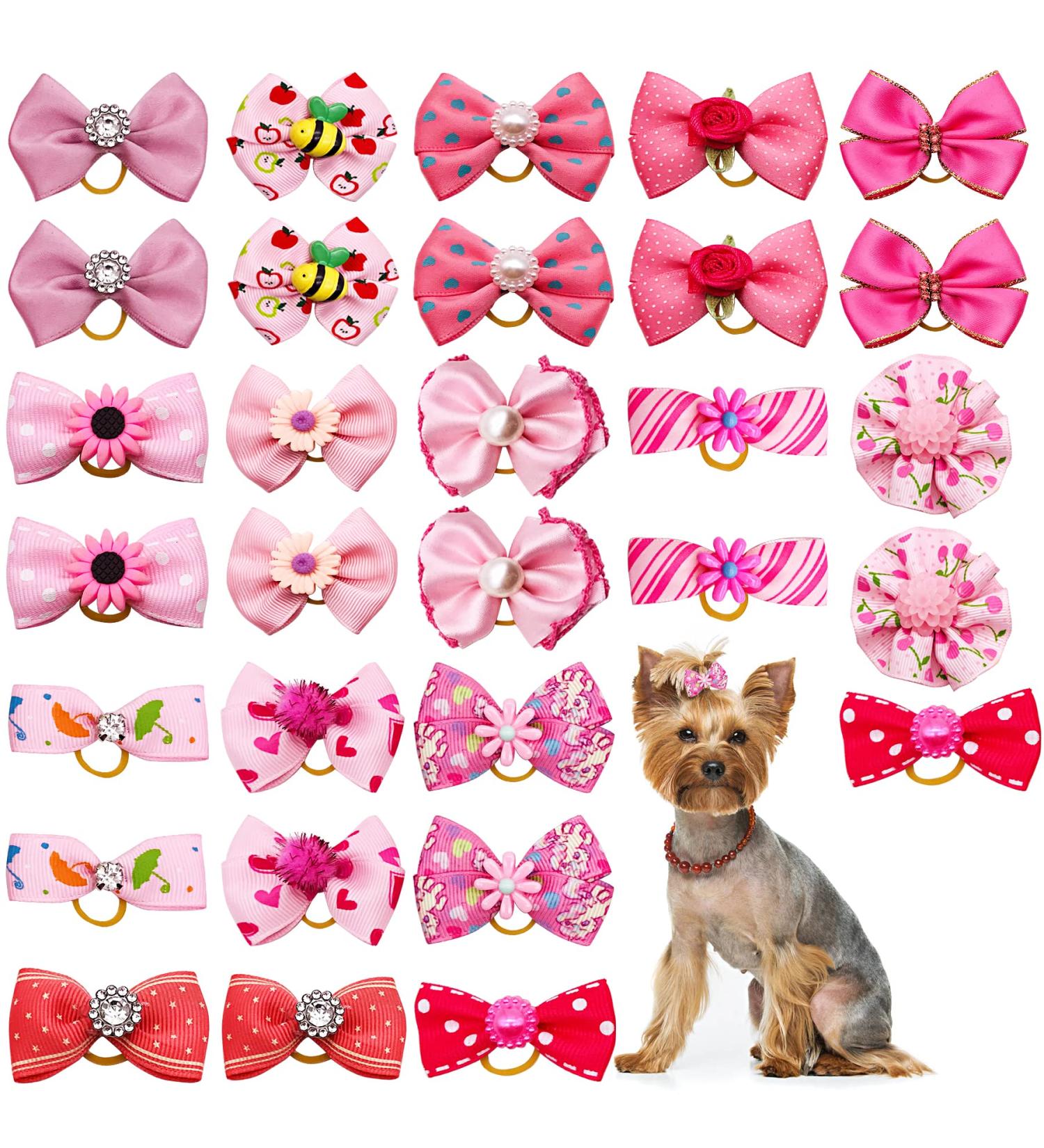 30PCS Pink Dog Hair Bows with Rubber Bands - Cute Hair Bowknots for Female Dogs - Grooming Accessories - Buy Online on GoSupps.com
