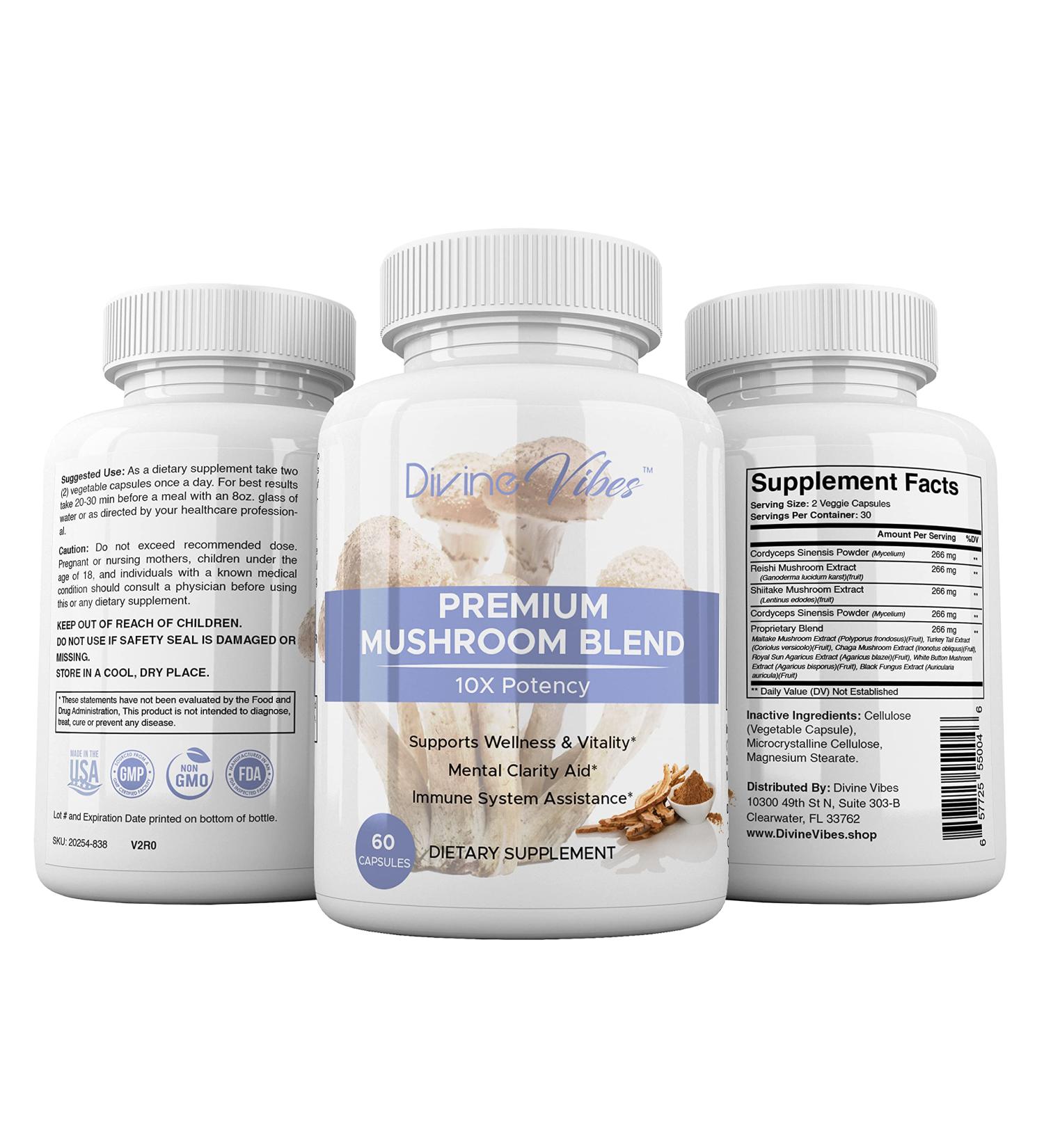 Divine Vibes Mushroom Supplement Promotes Mental Clarity Focus and Memory Daily Mushroom Supplement Vegan 60 Capsules (30 Servings) - Buy Online on GoSupps.com