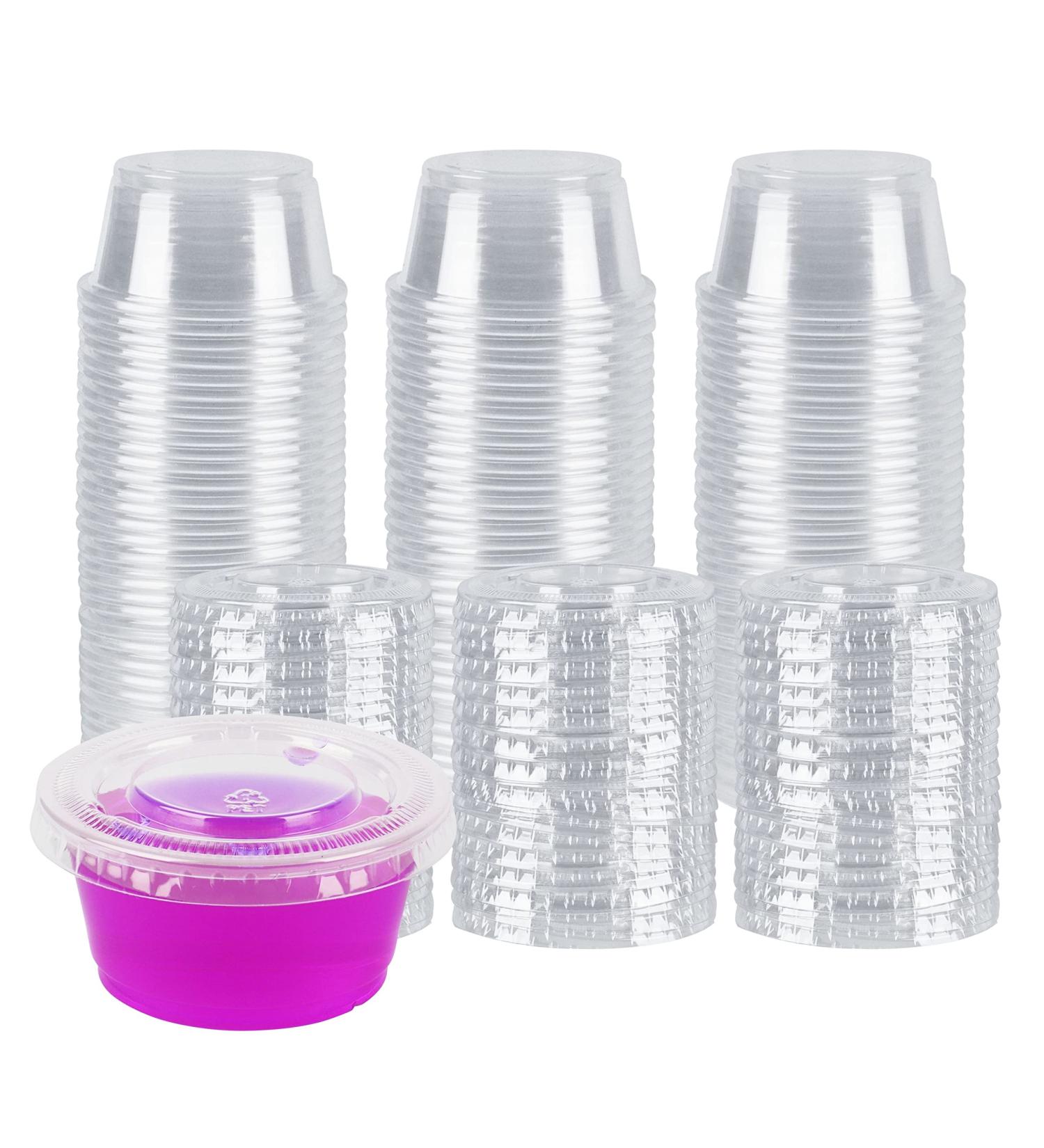 Green Direct 2 oz Containers with Lids - Pack of 100 | Disposable Plastic Jello Shot Cups for Sauce, Souffle, Salad Dressing | Small Clear Condiment Cups for Portion Control - Buy Online on GoSupps.com