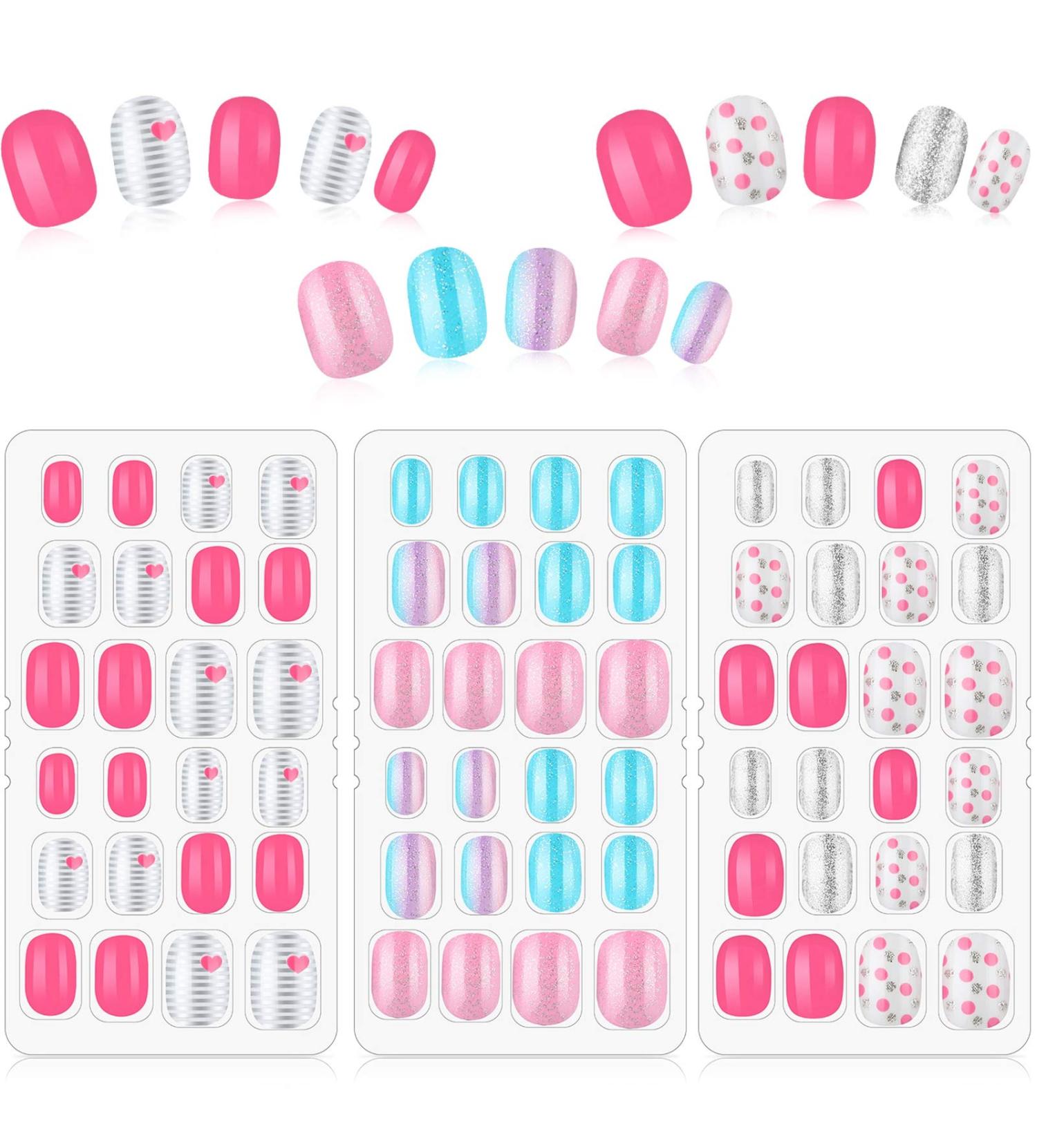 72 Pieces Kids Stick On False Nails Kit for Girls - Short Full Cover Nail Design Set with Stripe and Dot Patterns - 3 Boxes Included - Buy Online on GoSupps.com