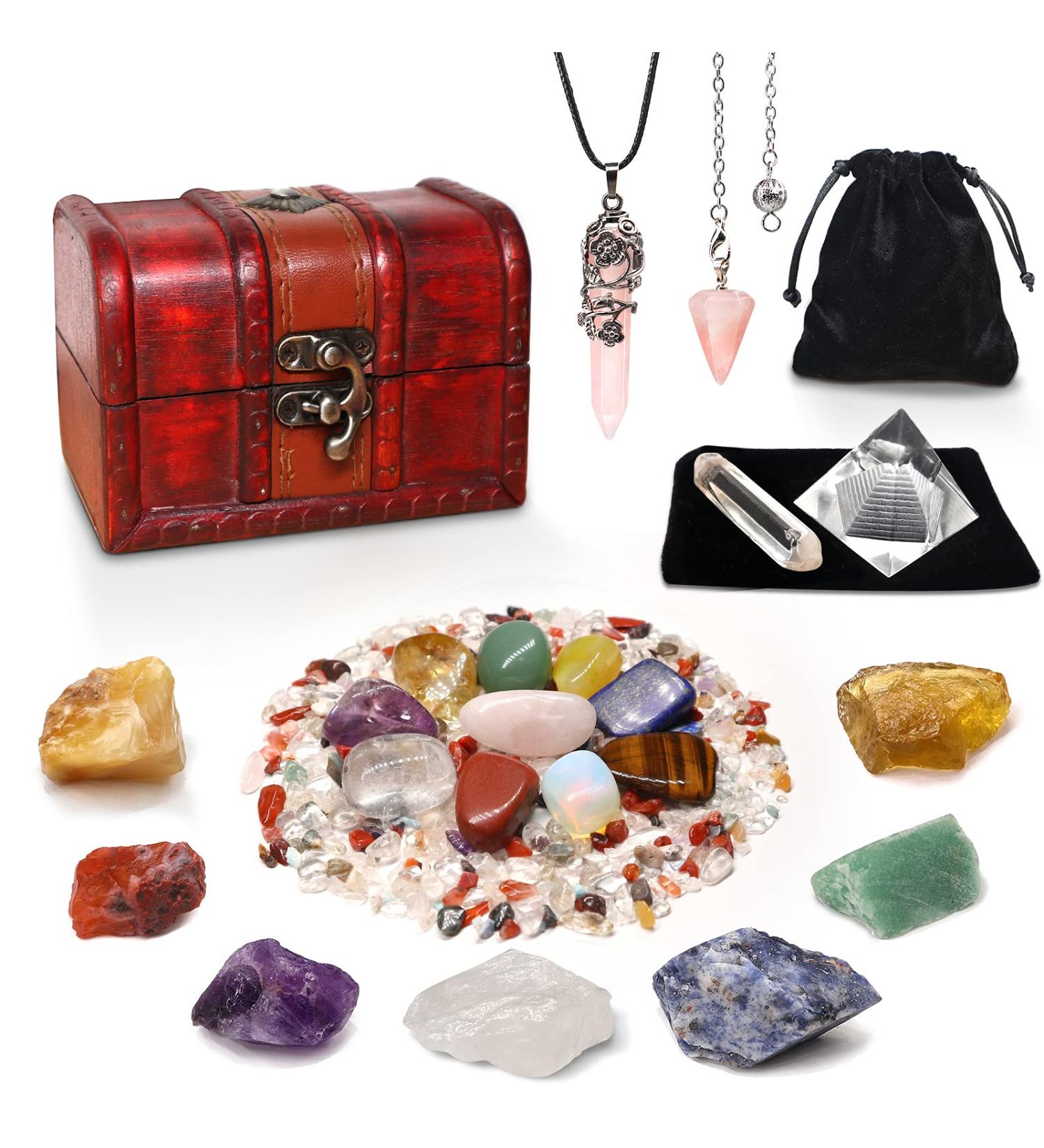 23PCS Natural Crystals and Healing Stones Set - Chakra Stones, Tumbled Stones, Crystal Necklaces, Pendulum, Pyramid, Wooden Box | 50g Assorted Stones - Buy Online on GoSupps.com
