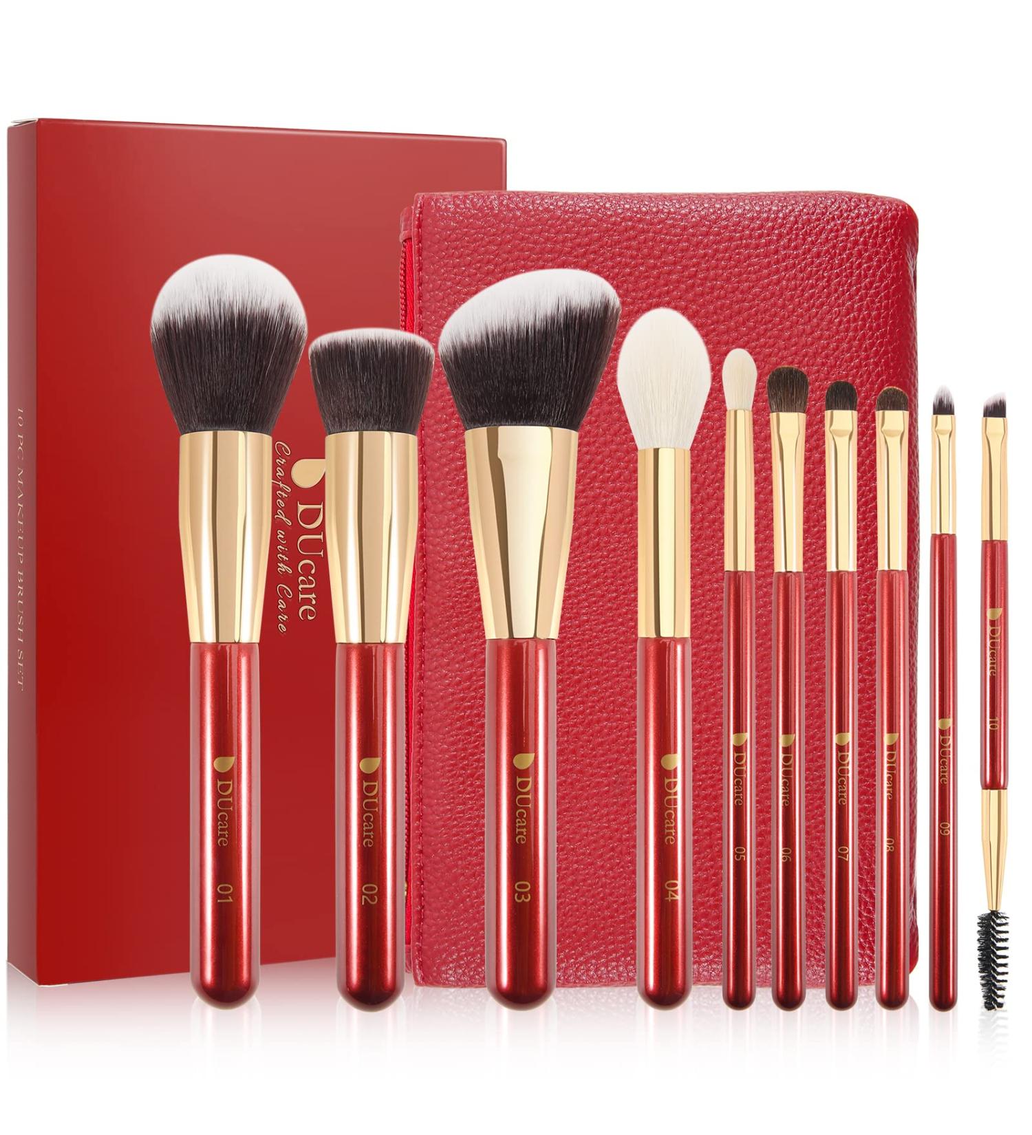 Ducare 10-Piece Professional Makeup Brush Set with Cosmetic Bag | Premium Synthetic Kabuki & Eye Brushes for Flawless Blending - Buy Online on GoSupps.com