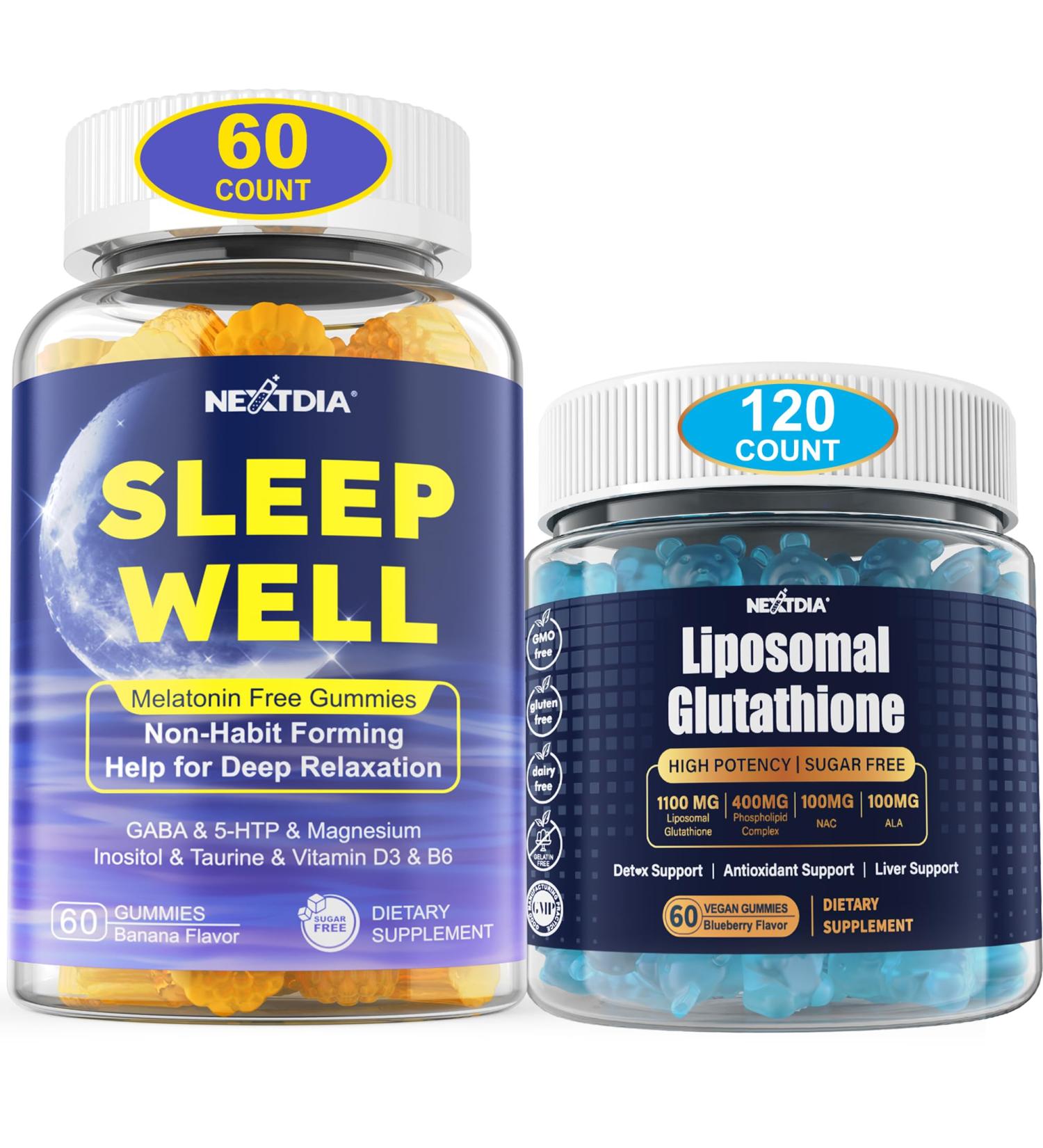 Nextdia Melatonin Free Natural Sleep Gummies for Adults + Liposomal Glutathione Gummies Supplement for Women - Buy Online on GoSupps.com