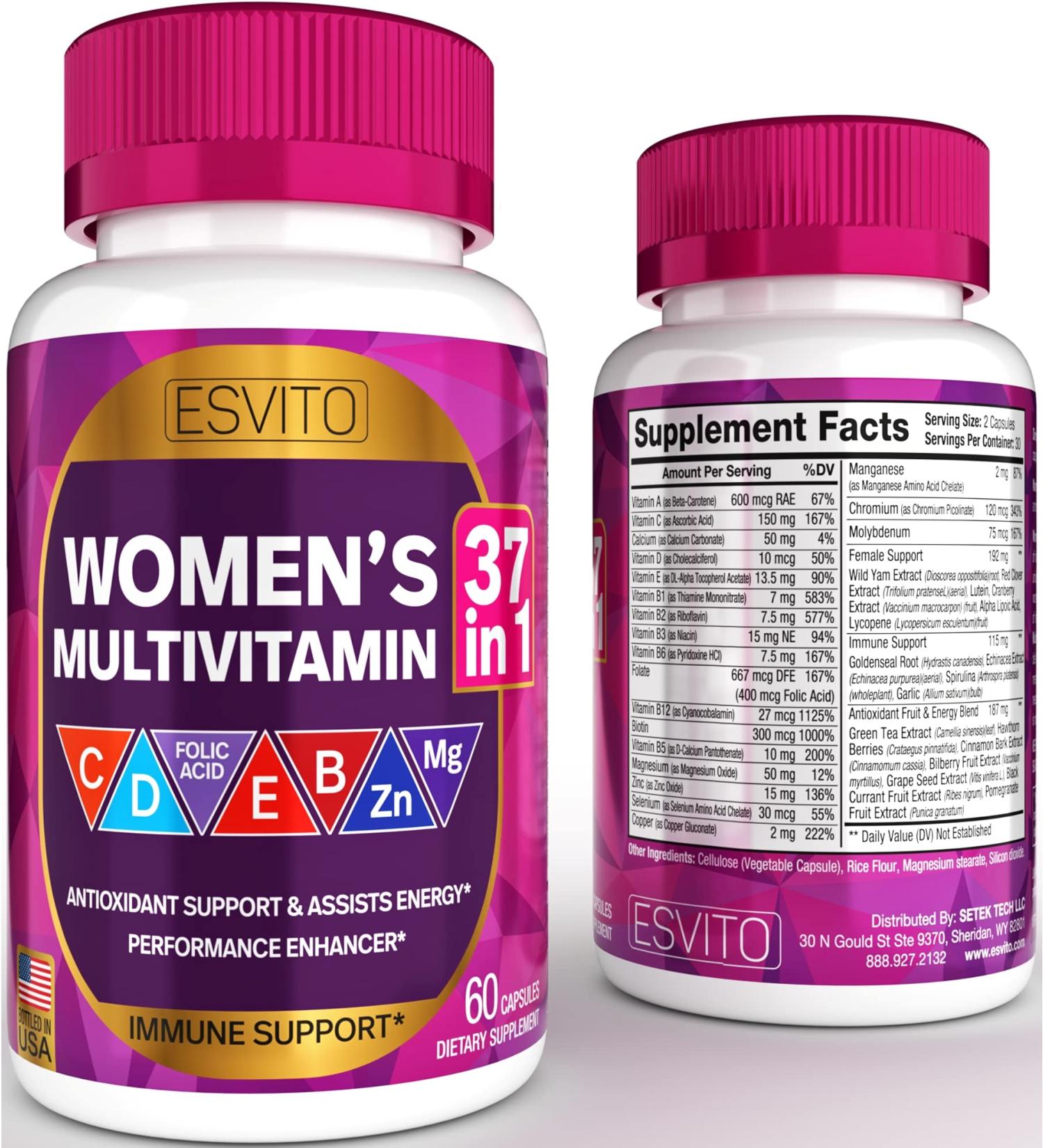 Women's 37-in-1 Multivitamin - Immune & Energy Support - Daily Vitamins with Vitamin C, B12, D3, Folic Acid - Non-GMO - 30 Day Supply - 60 Vegan Caps - Buy Online on GoSupps.com