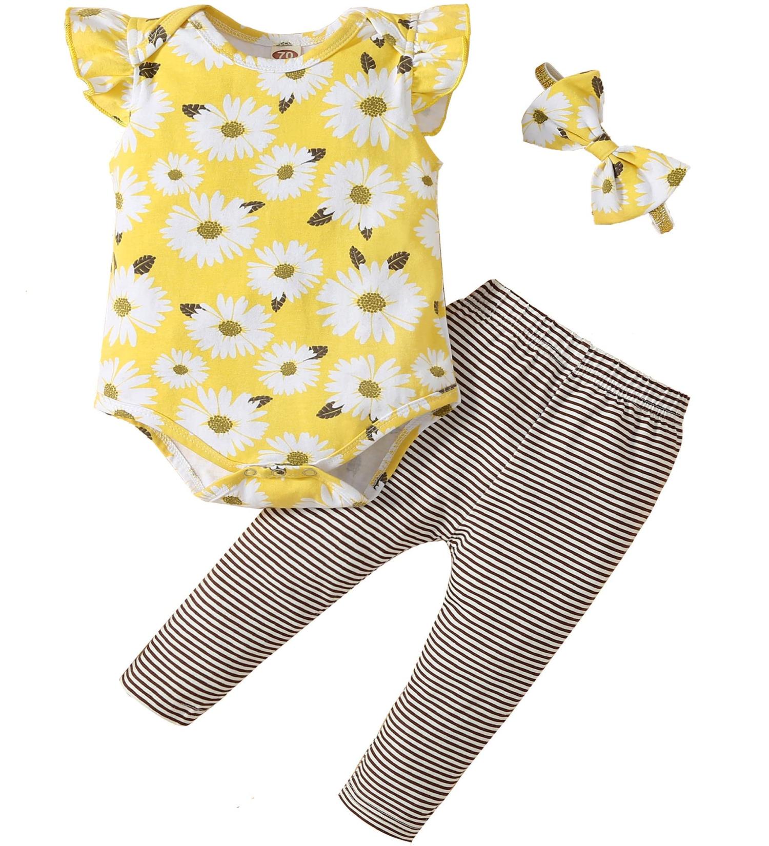 Koonde Baby Girl 3-Piece Outfits | Romper, Trouser & Headband | 12-18 Months | Yellow + Caramel - Buy Online on GoSupps.com