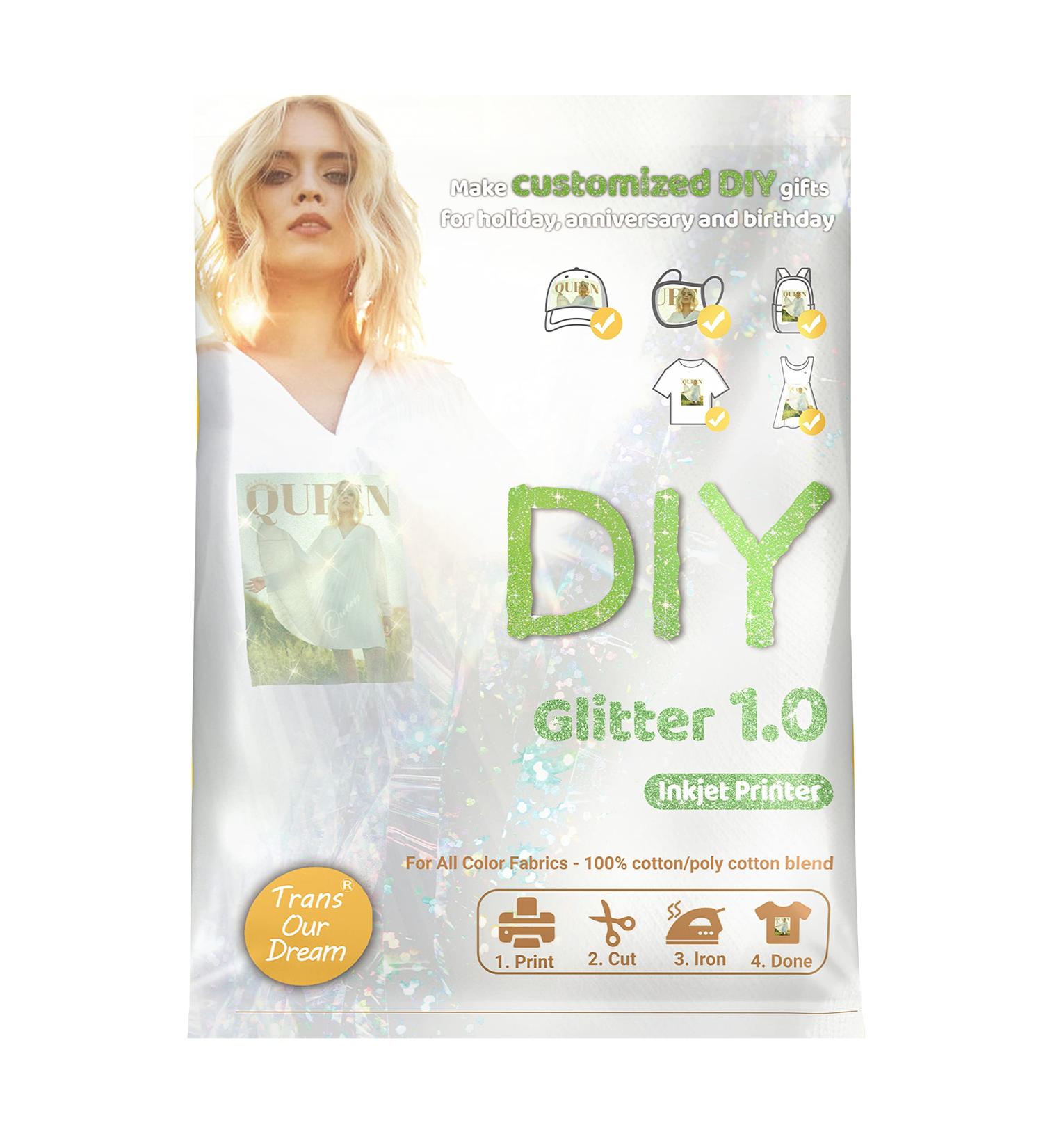 TransOurDream Glitter Iron on Heat Transfer Paper - 10 Sheets 8.5x11 - Inkjet Printable Heat Transfer Vinyl for T-Shirts - Iron-on Transfer Paper for Light and Dark Fabric - Buy Online on GoSupps.com