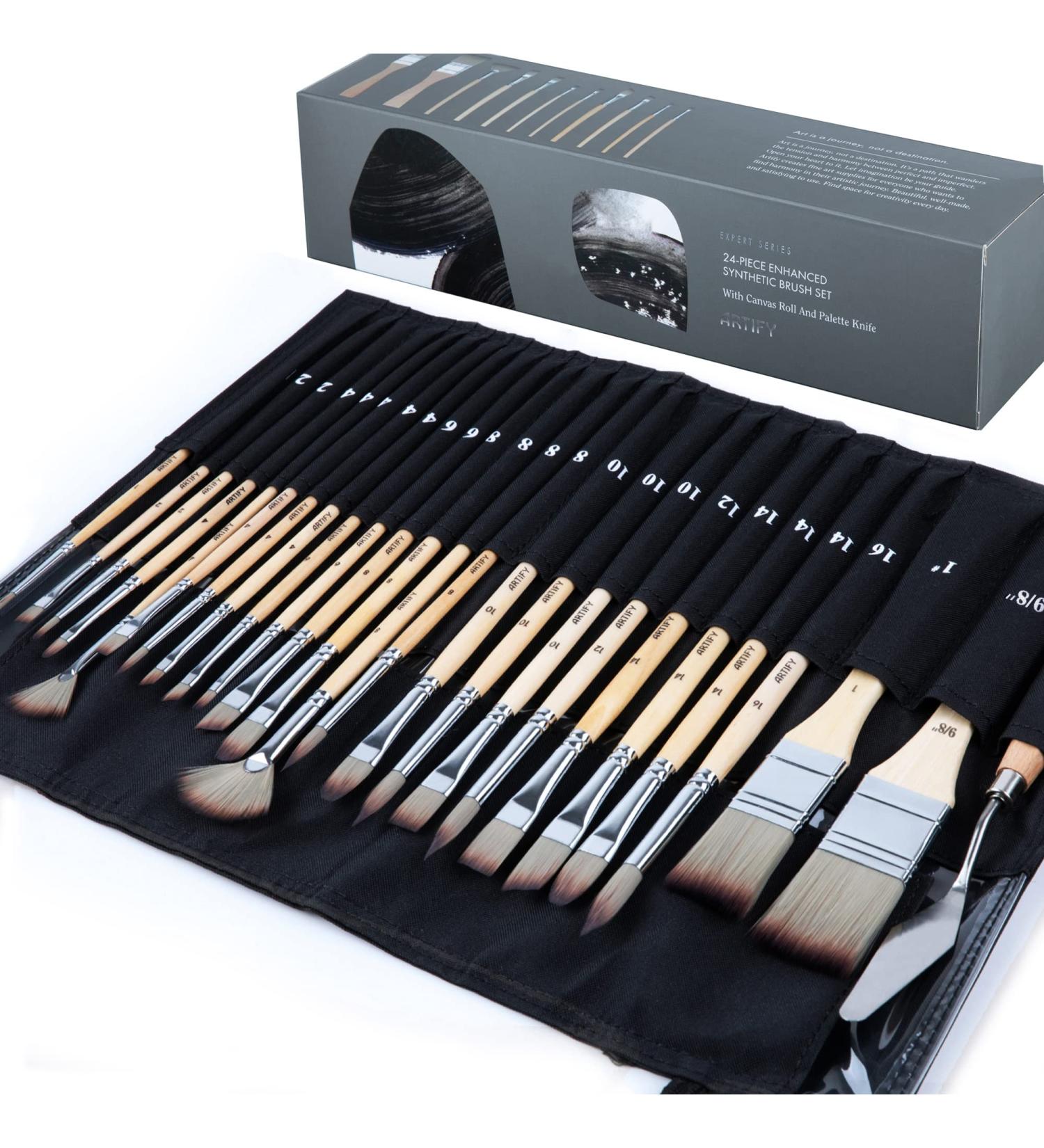 Artify 24-Piece Paint Brush Set Expert Series - Synthetic Brushes for Acrylic, Oil, Watercolor & Gouache - Includes Palette Knife & Cloth Roll - Buy Online on GoSupps.com